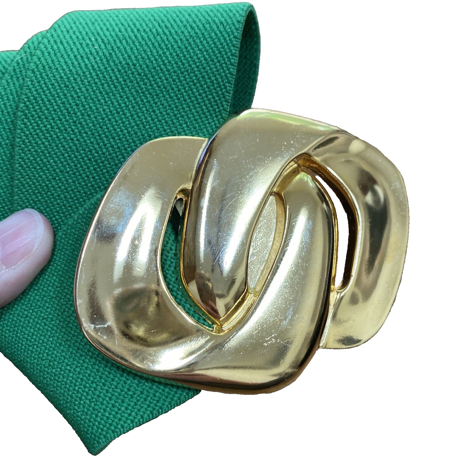 Vintage Bright Green Stretch Belt with Massive Gold Metal Chain Link Buckle 80s