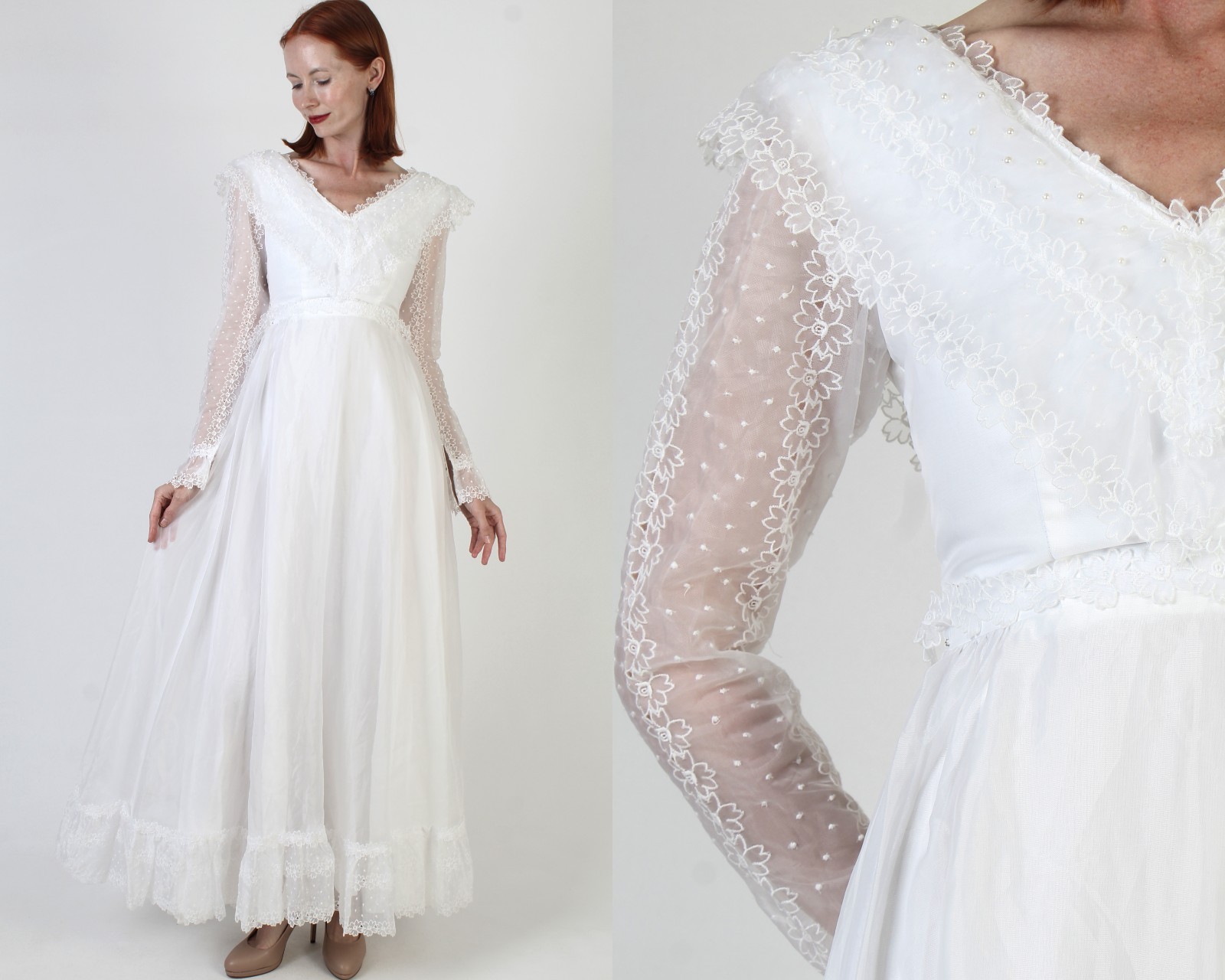 Vtg White Victorian Wedding Dress Embroidered Eyelet Sheer Belted Bridal Gown