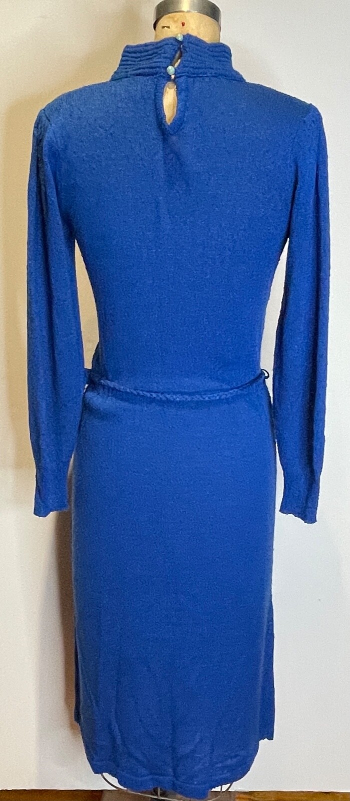 VTG 70’S-80’S MS II PETITES BLUE TEXTURED CROCHET KNIT BELT SWEATER DRESS*XS/S