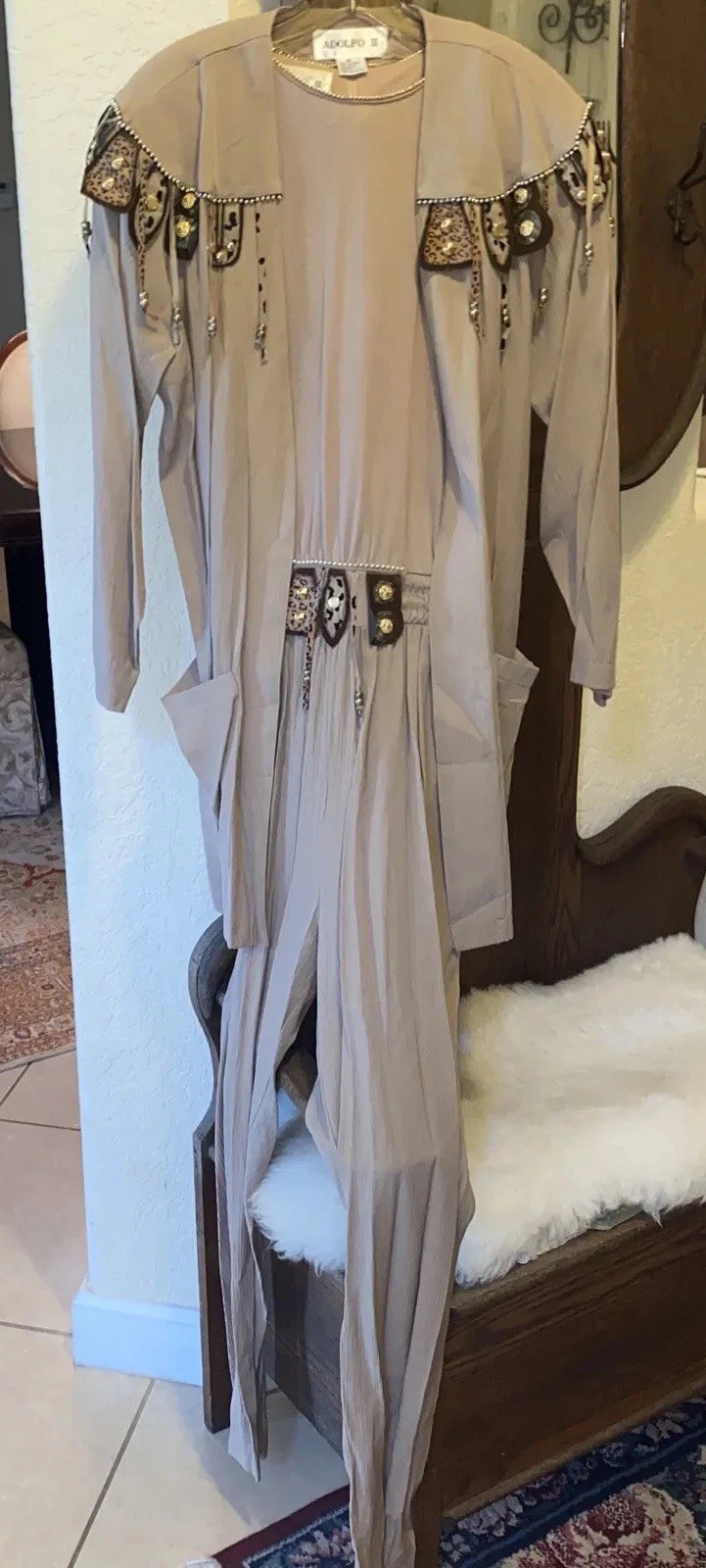 VTG WESTERN Adolfo II Jumpsuit 2 Piece Jacket Southwest Fringe Stud Leopard M