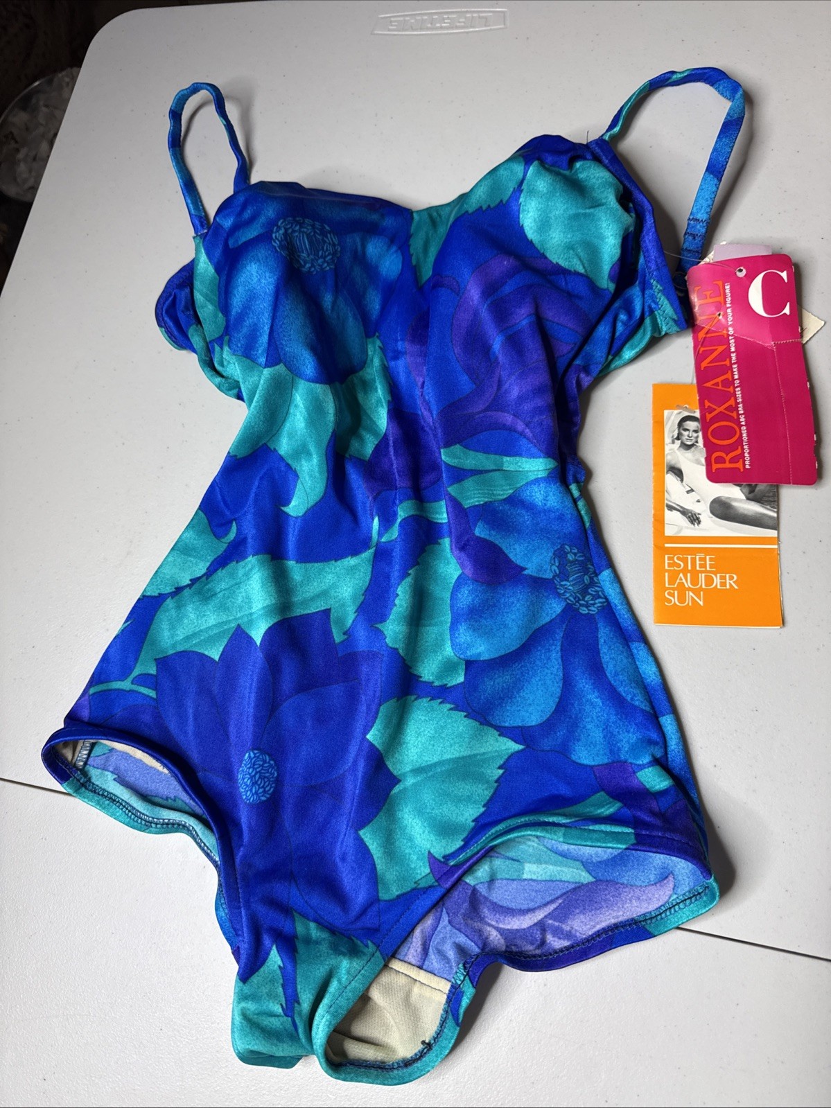 Vintage Roxanne Floral One Piece Swimsuit Blue Peacock 34C Made in USA NWT