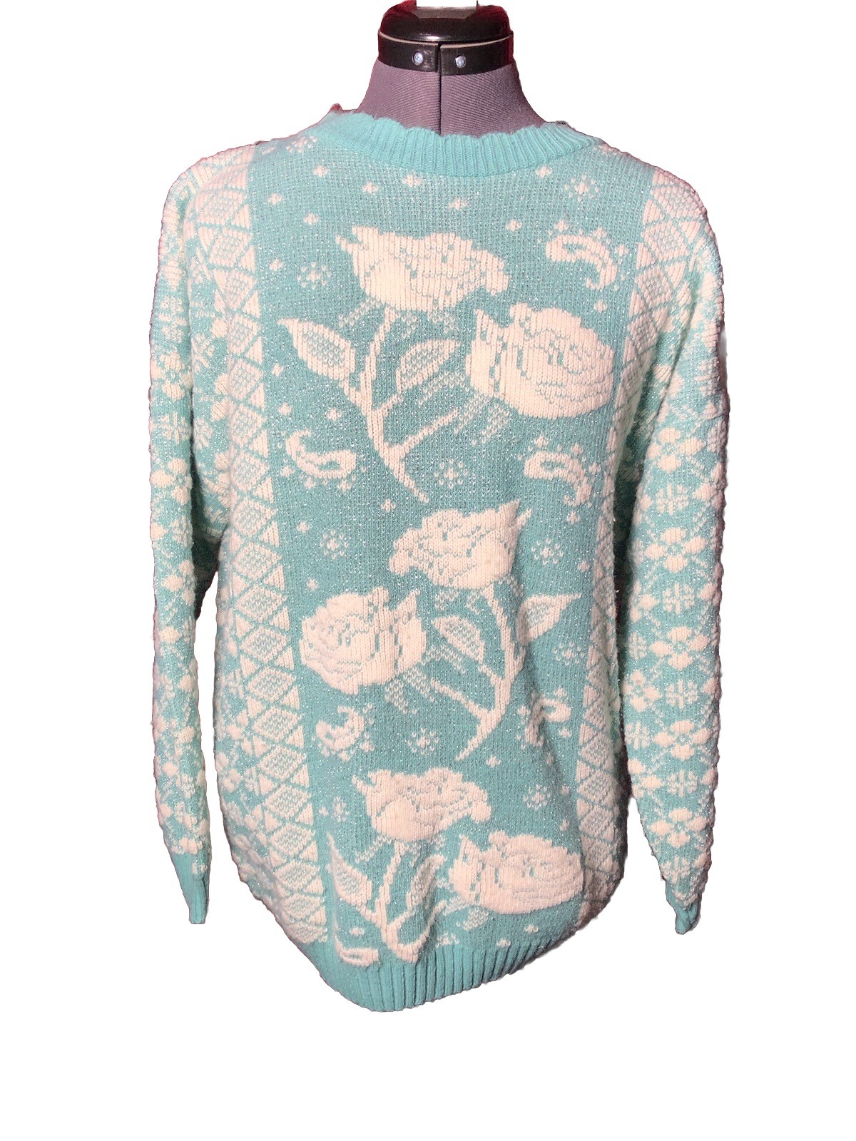 Vtg 80s 90s Pastel Sweater Novelty Blue Sparkle Rose Knit Grandma Kawaii M/L B44