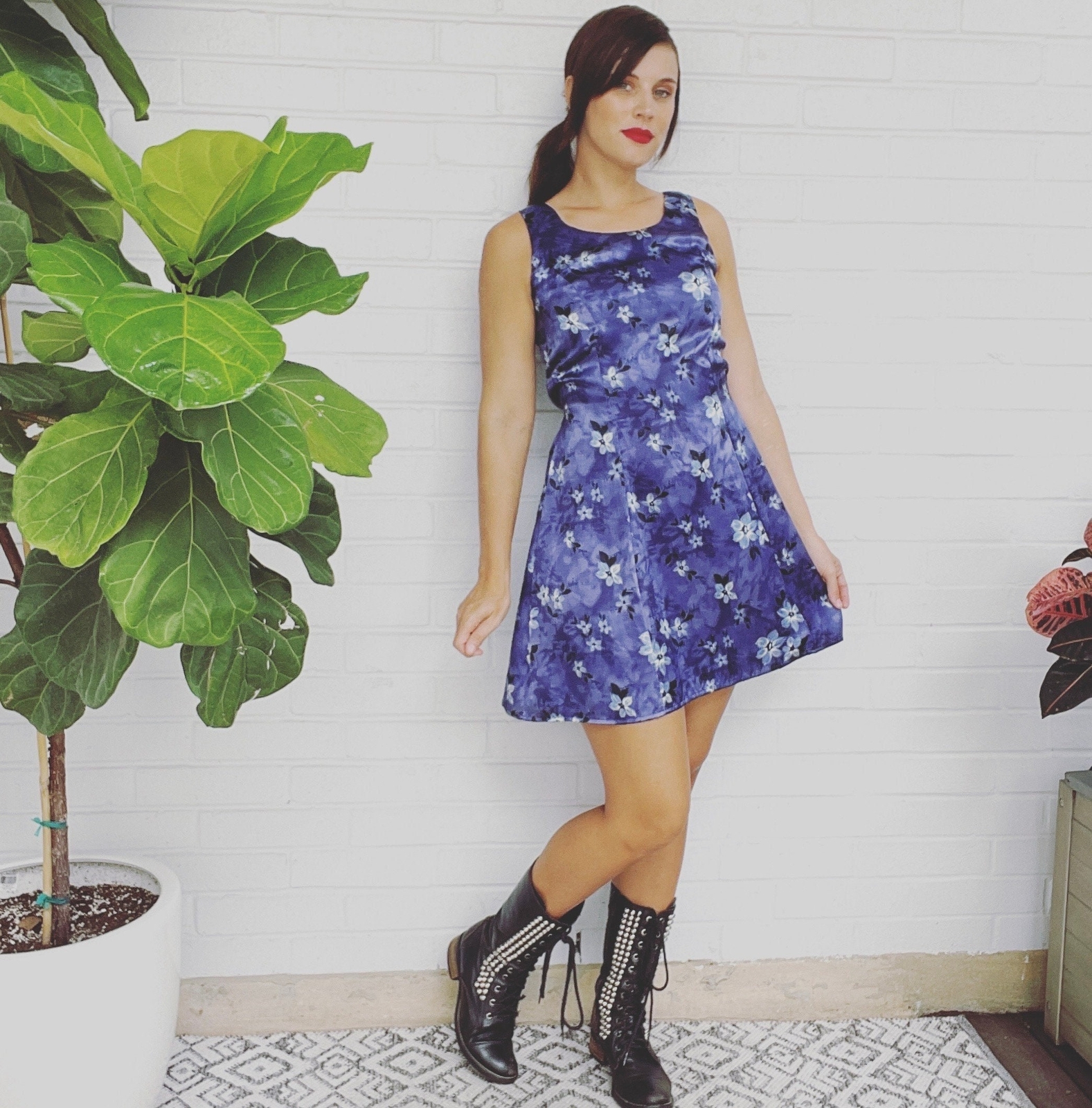90s Y2K Vintage Dress S Blue Ditsy Floral Satin Fit & Flare Mini Cocktail Party