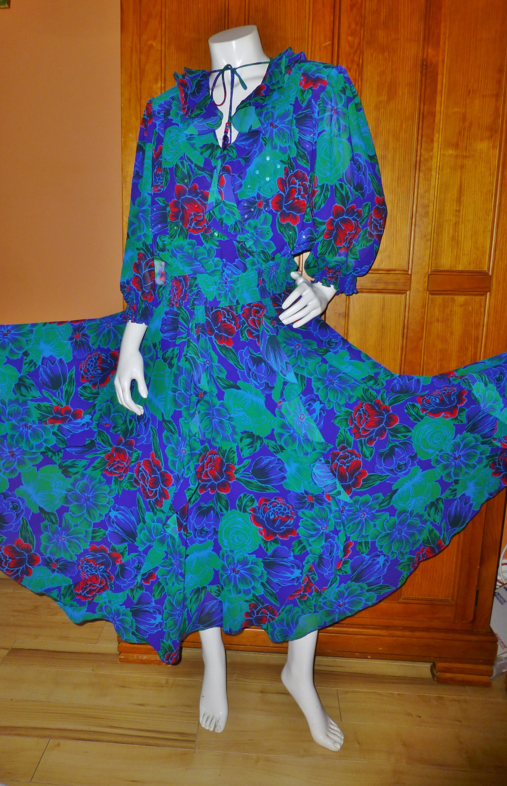 Vtg 80s Floral Georgette Freis Style Sequins Ruffles Boho Hippie GIPSY DRESS XL