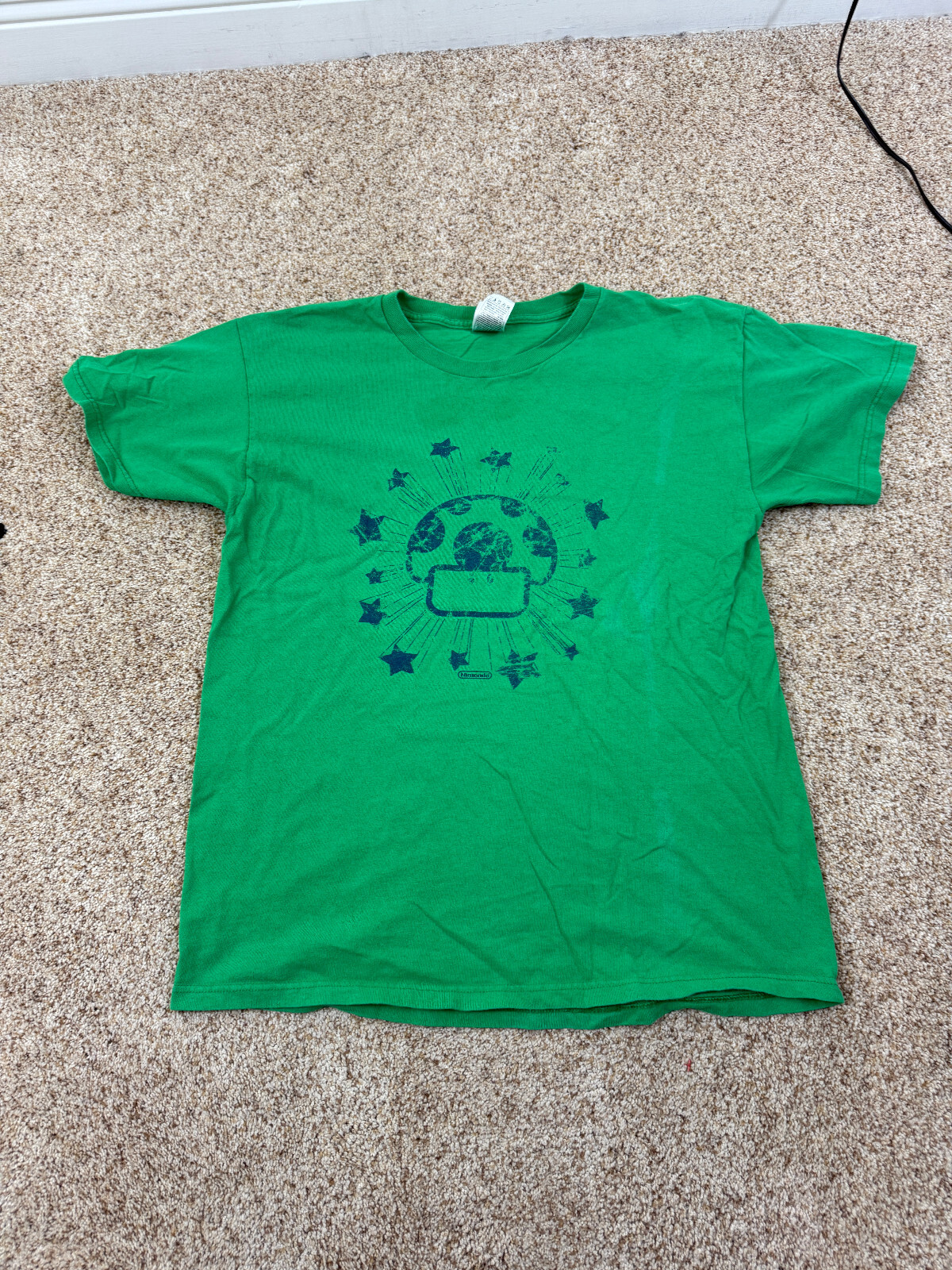 Vintage Y2K Super Mario T-Shirt 1 Up Mushroom Green Nintendo ~ Mens L FLAWS