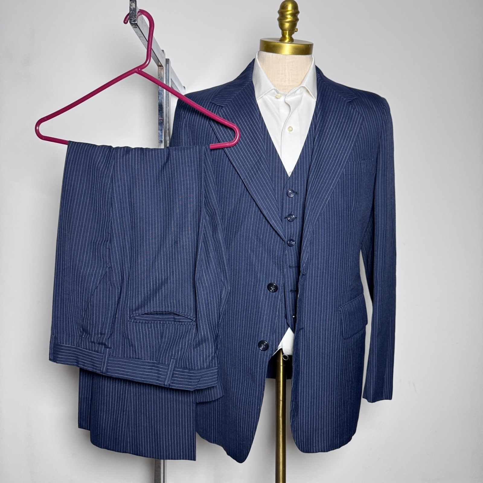 Palm Beach 3-Piece Suit Mens 38R 35×31 Blue Pinstripe Vintage Wool Blend USA