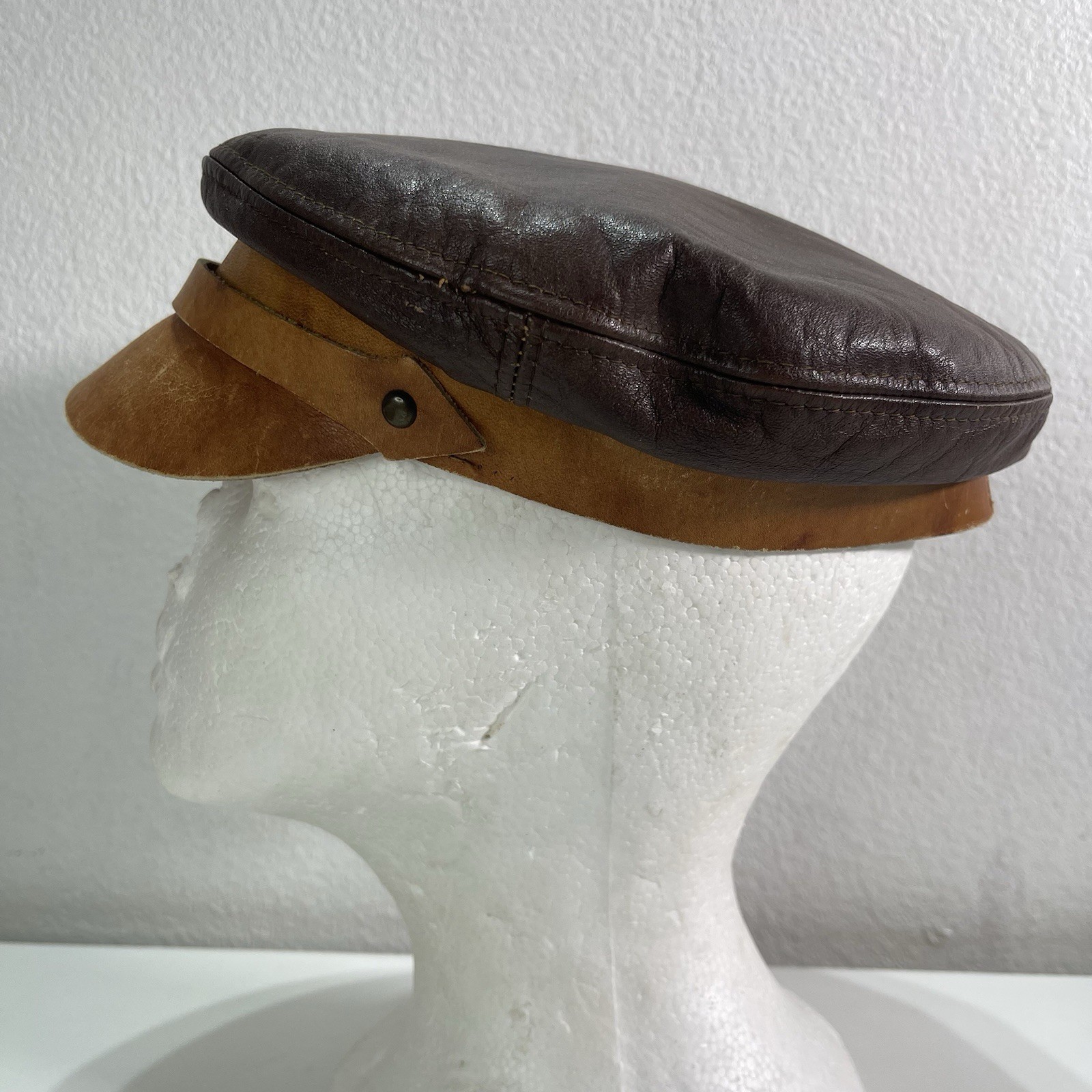 Vtg Henschel Leather Newsboy Cap Brown Tan Cabby Flat Cap Hat Union Made USA Med