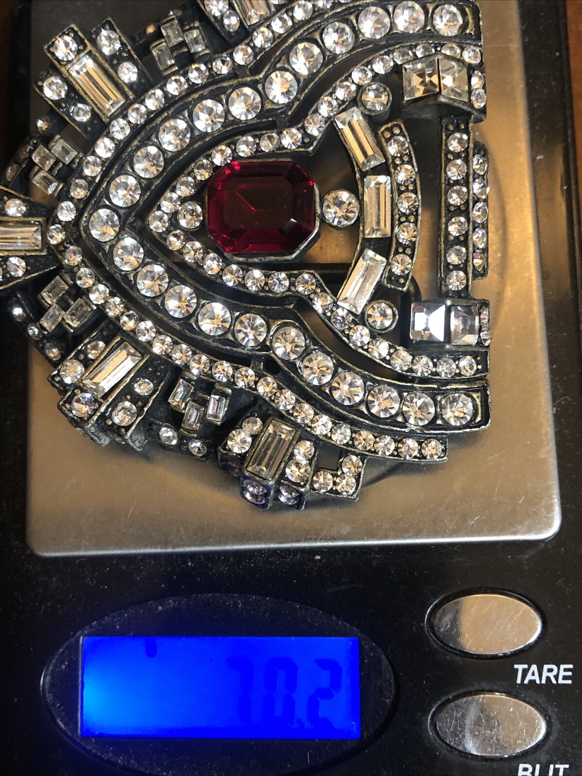 27. Vintage Brass tone White crystal Red Center Buckle For 1 1/2″ wide Belt