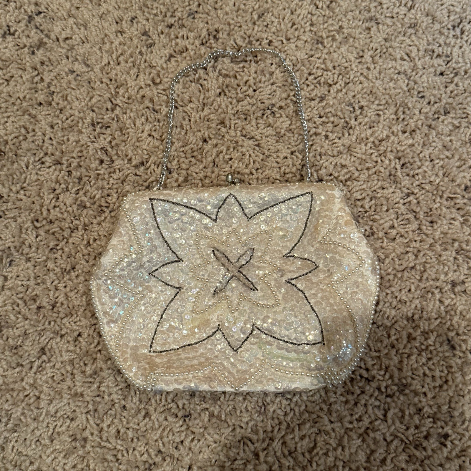 Vintage Small White Sequin Evening Bag with Kiss Lock and Silver Chain Strap