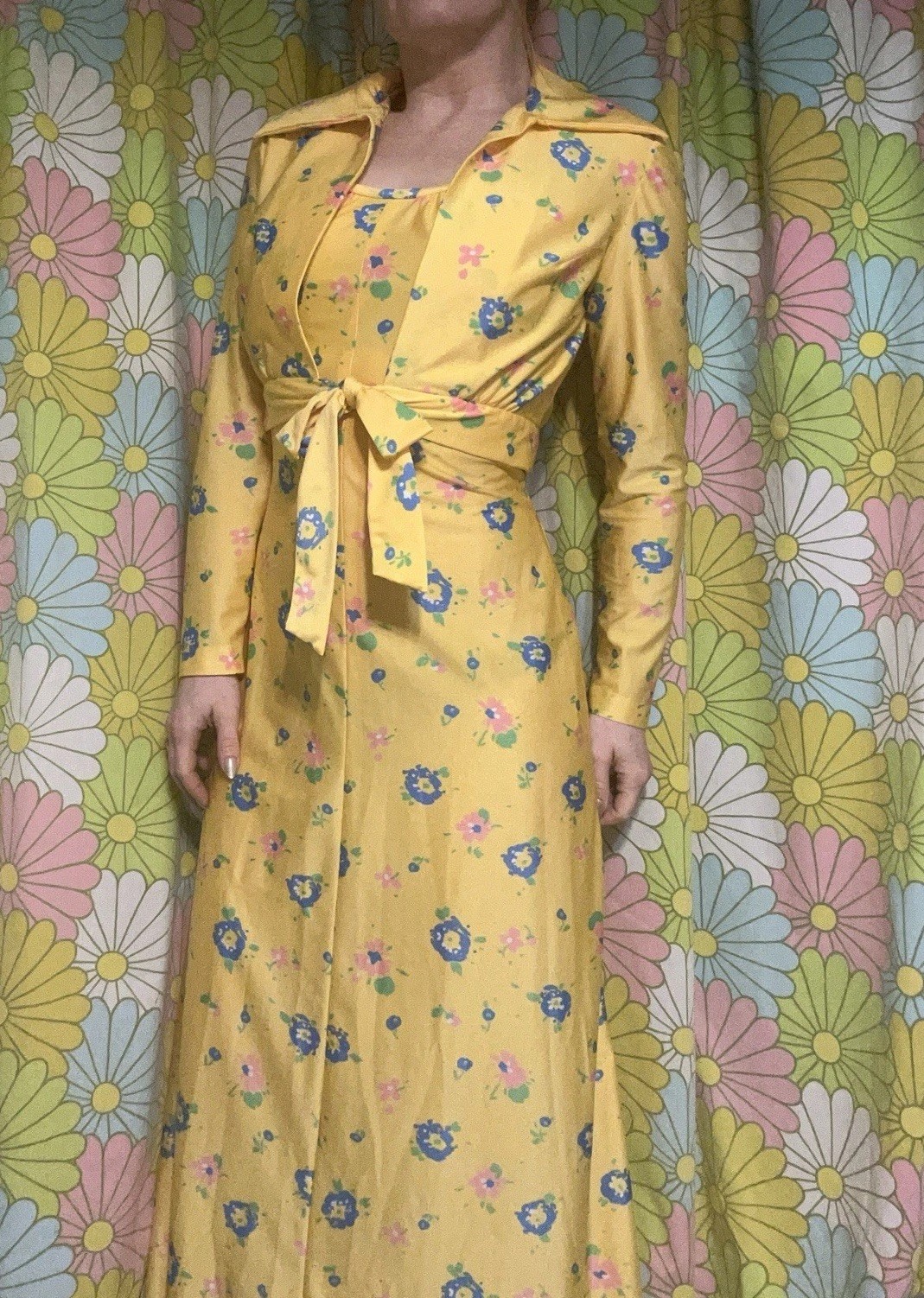 Vtg 1970s Maxi Gown w/ Jacket/Yellow Floral Hippie Formal Hostess Boho Mod SET