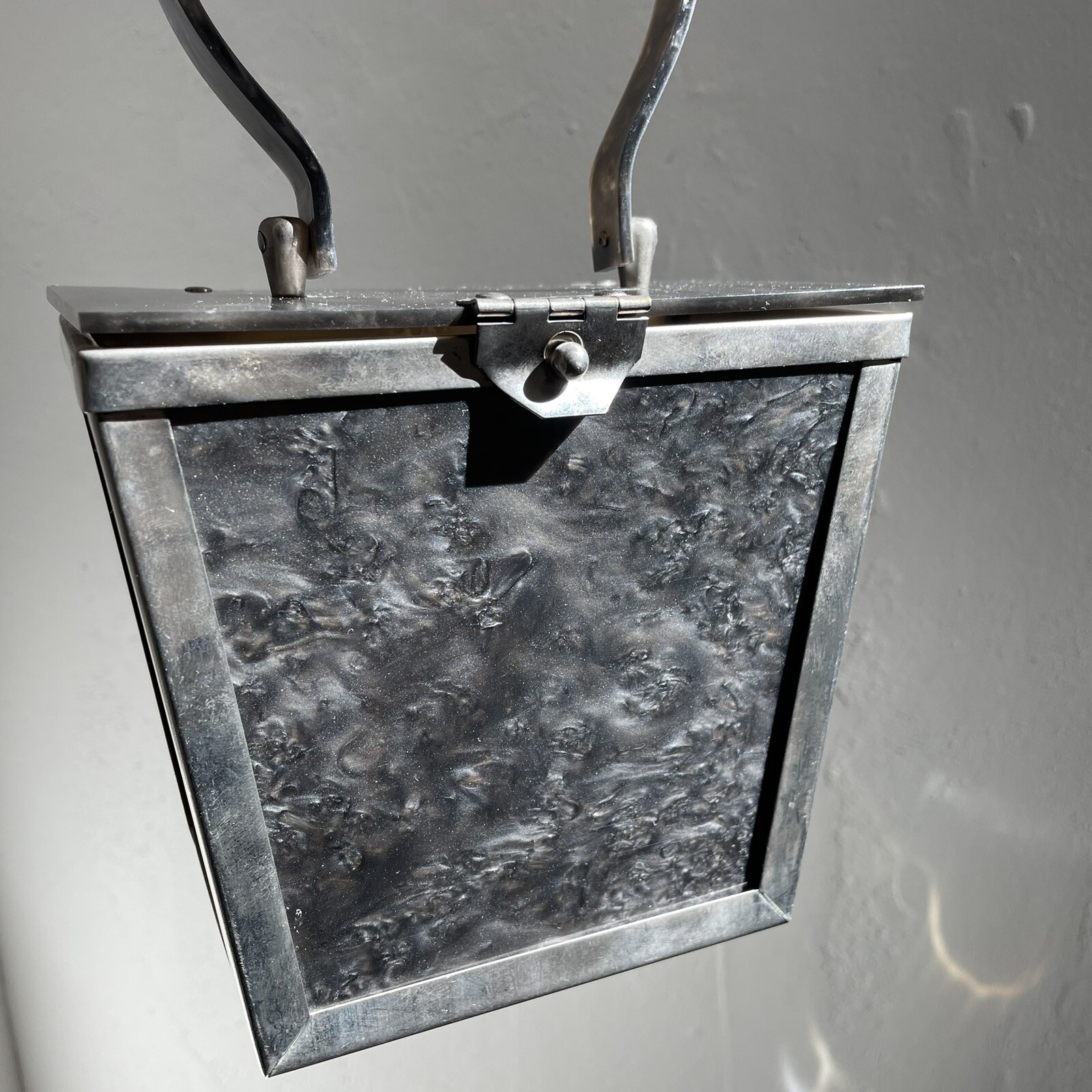 Vtg MCM Charcoal Gray Lucite Box Purse Bag, Marbleized, Pearlized, Silver Frame