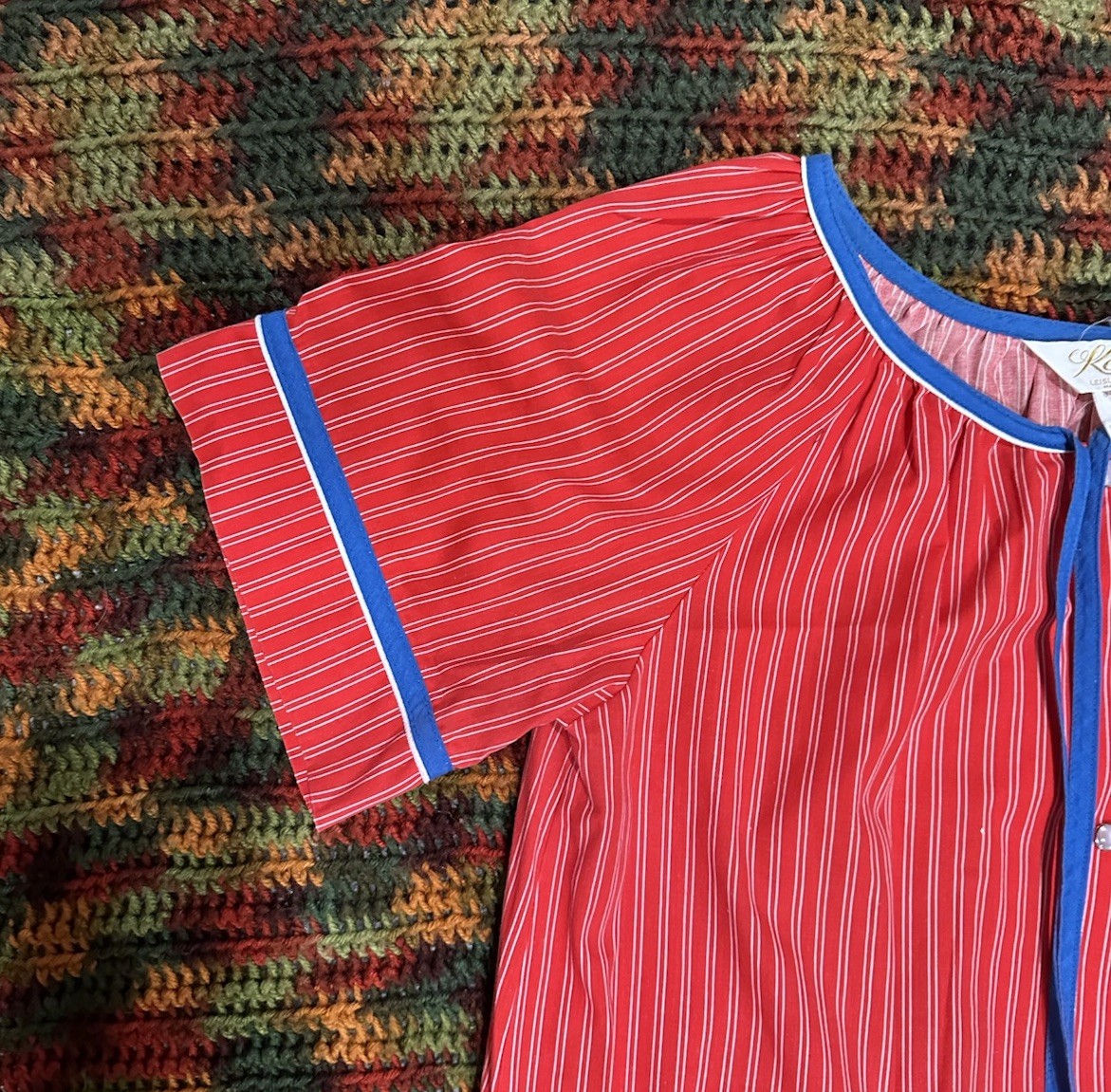 Vintage 70’s Mid Century MOD Owl Komar House Dress Muumuu Pearl Red Stripe Sz S
