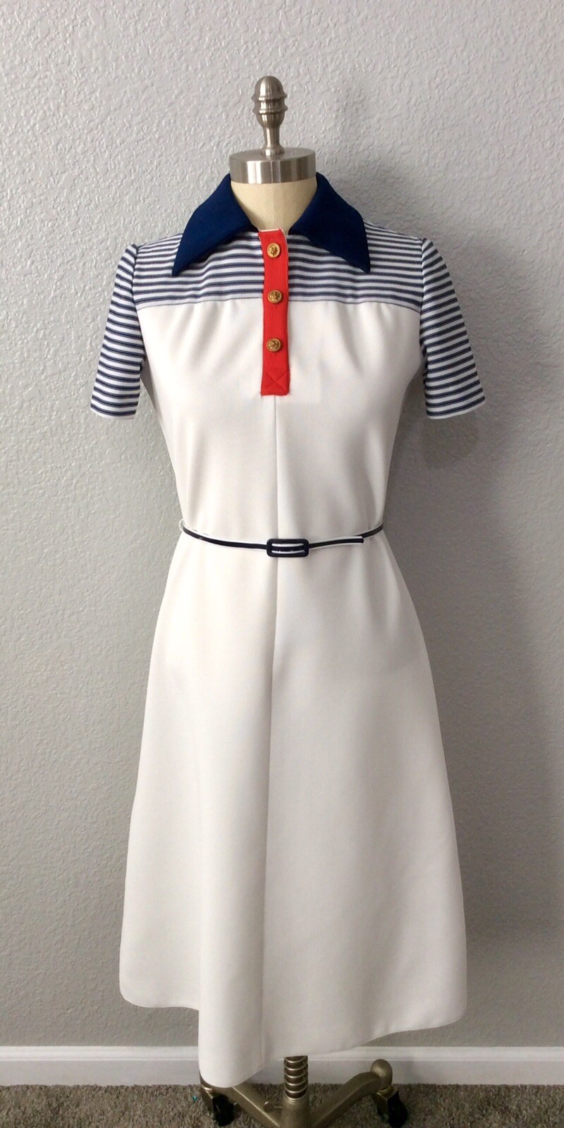 Vintage My Latest Leslie Fay Sailor Nautical Striped Collared Mod Dress Sz M/L?