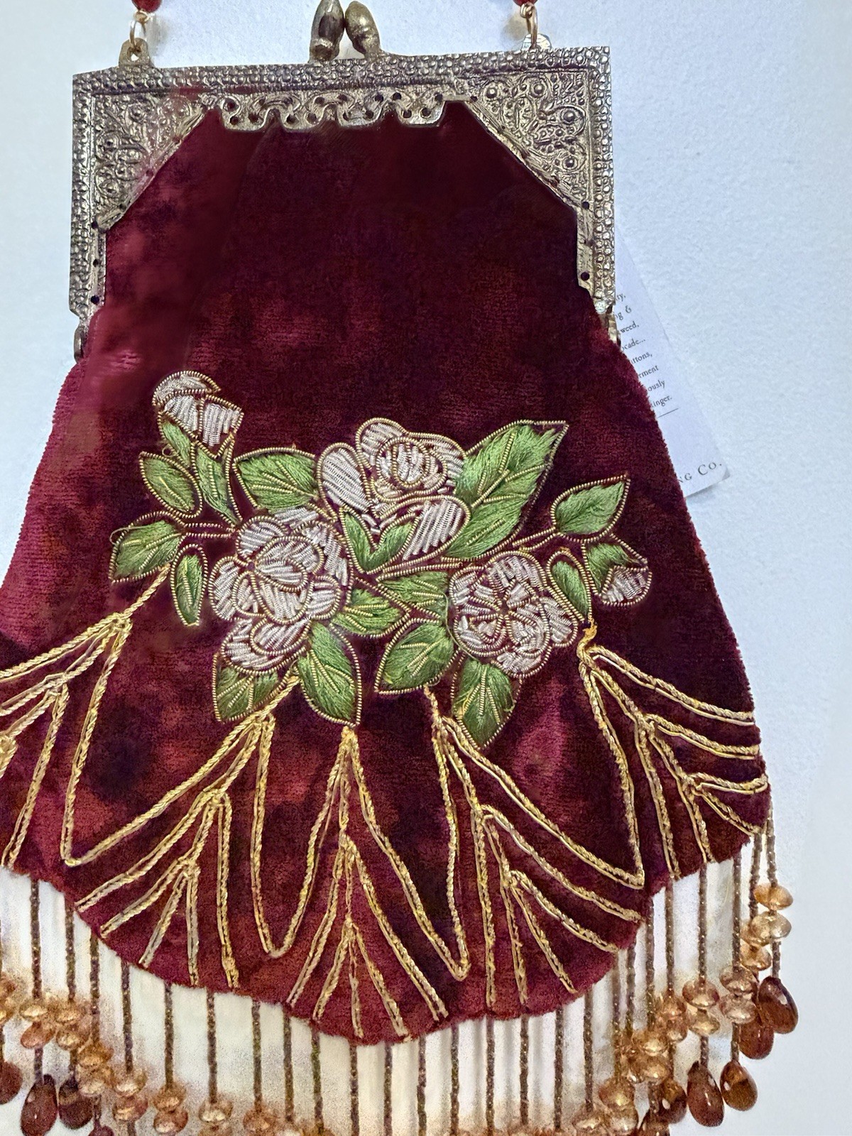 Victorian‑Style Vintage Beaded Purse Burgundy , Beaded Fringe, Velvet