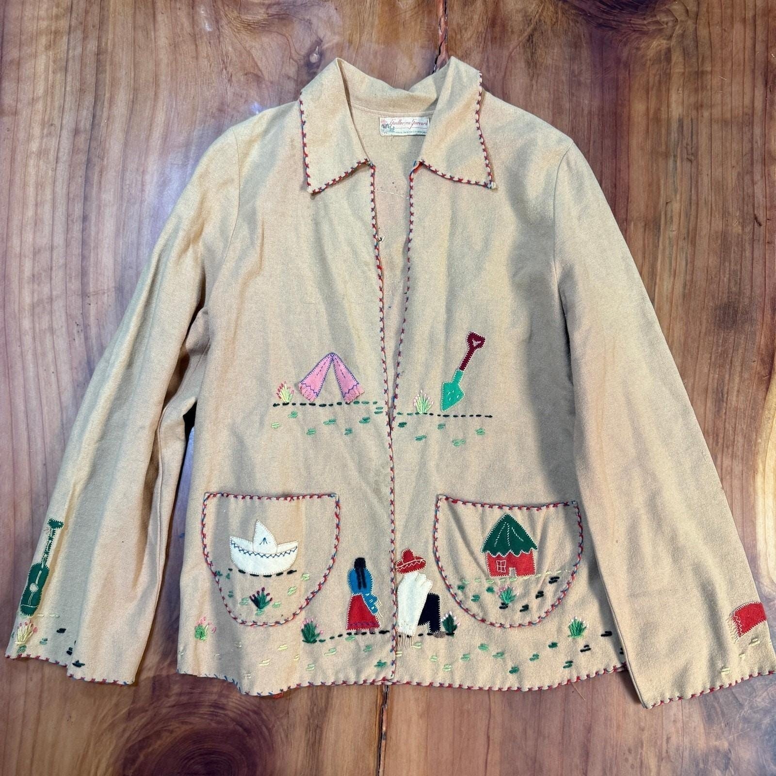 Vintage 40s 50s Guillermo Guevara Mexican Tourist Jacket Wool Embroidered A4-10