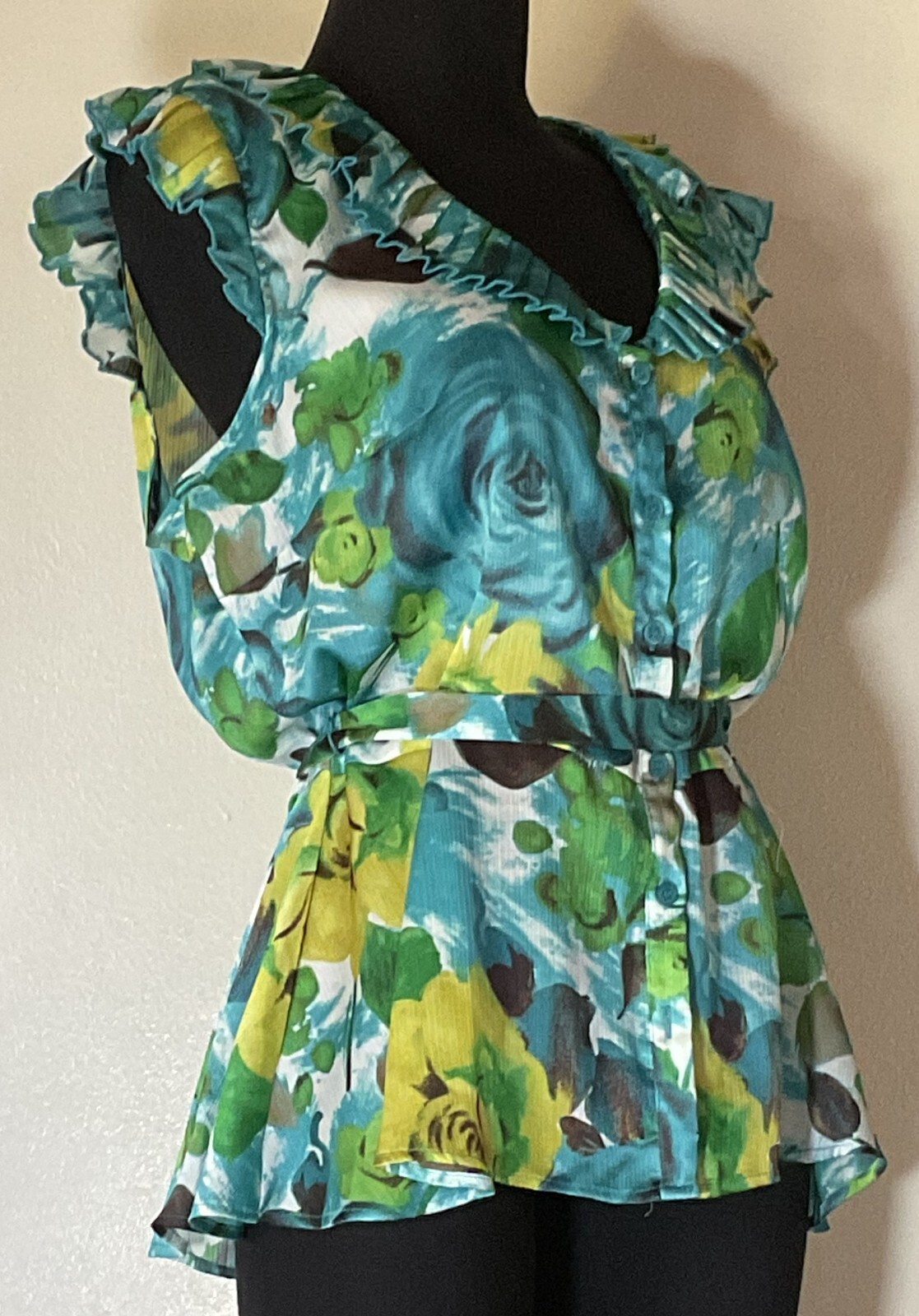 1960s Vibrant Bewitching Blue & Green Rose Floral Top Sleeveless Size Medium