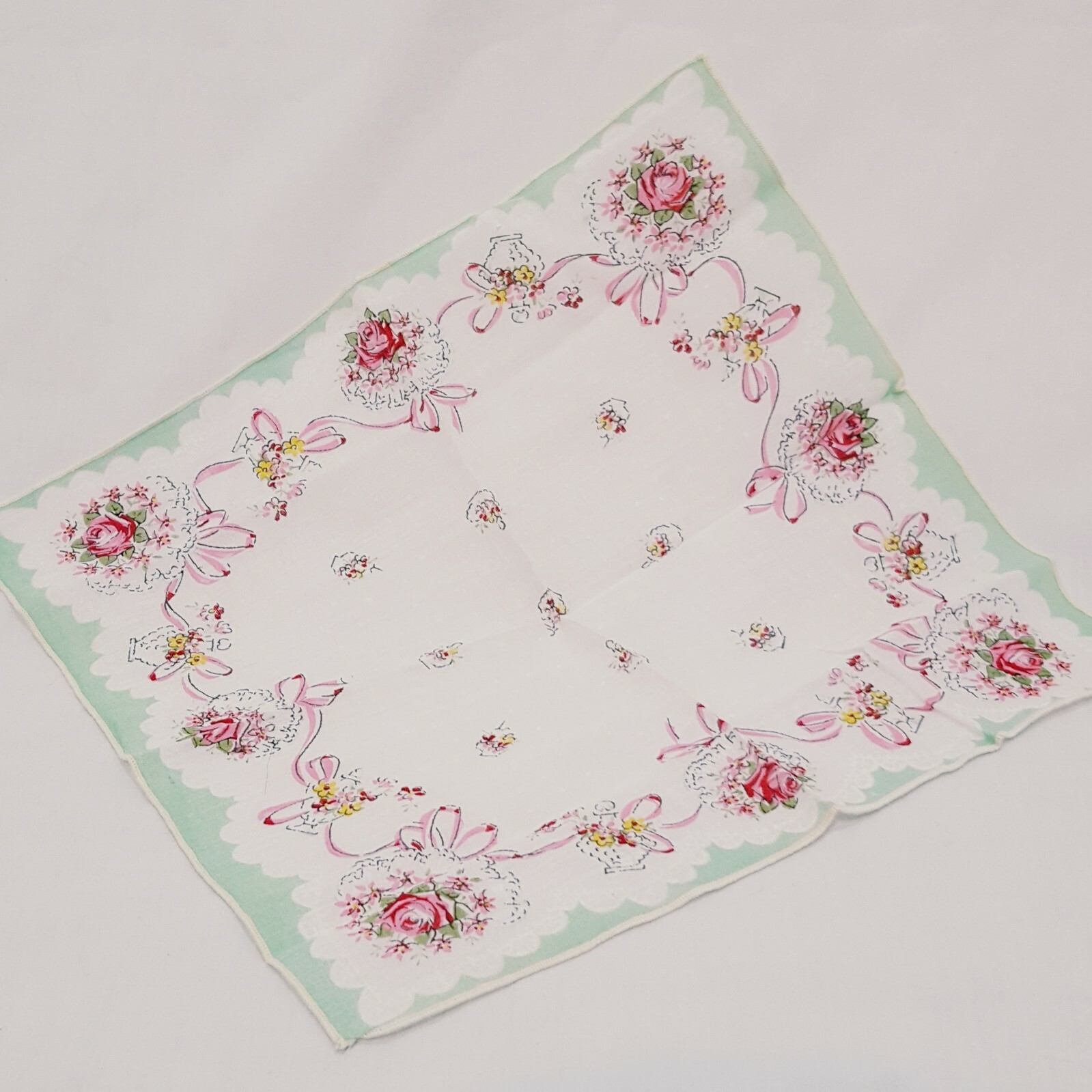 Handkerchief Flower Bouquet 10″ White Green Pink Ribbon Candy Dish Floral