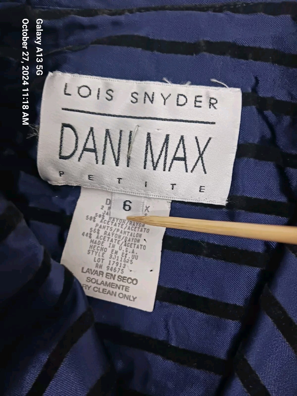 Rare Lois Snyder Dani Max Blue Zibera Stripped Blazer made USA Size 6