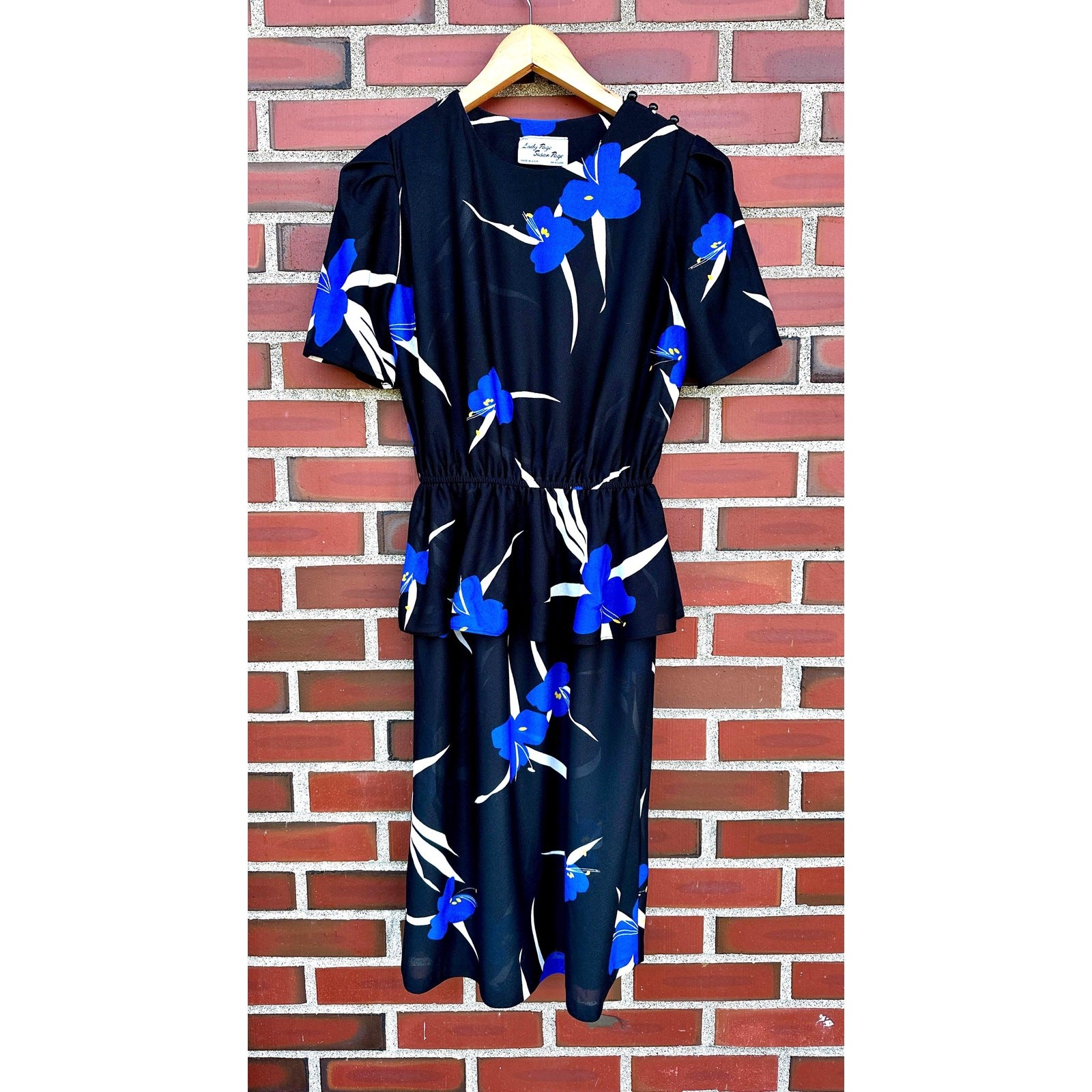 80’s vintage peplum dress, black with blue and white floral print