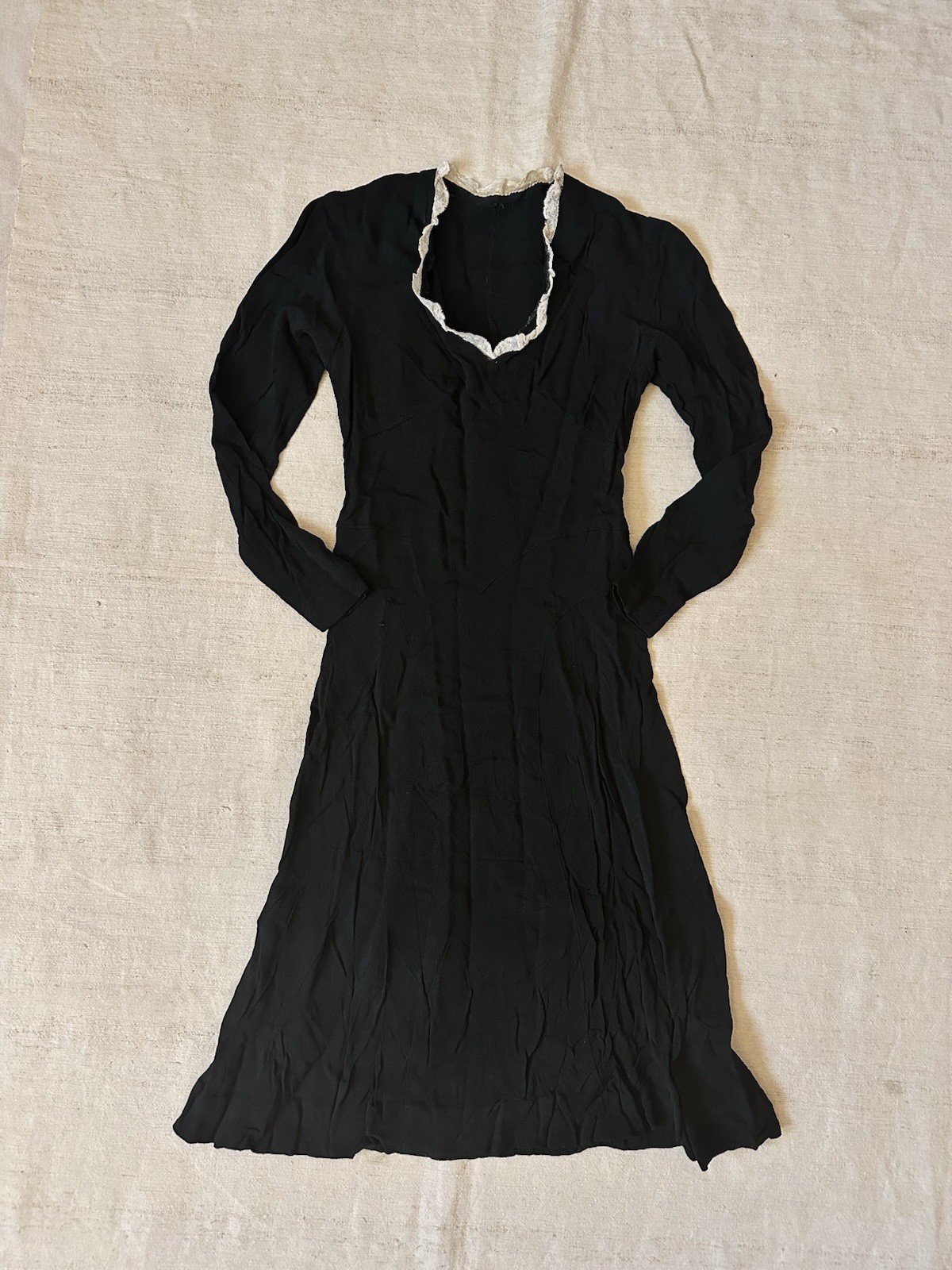 1930s Antique Vintage Handmade French Bias Cut Silk Crepe Black Dress XXS XS