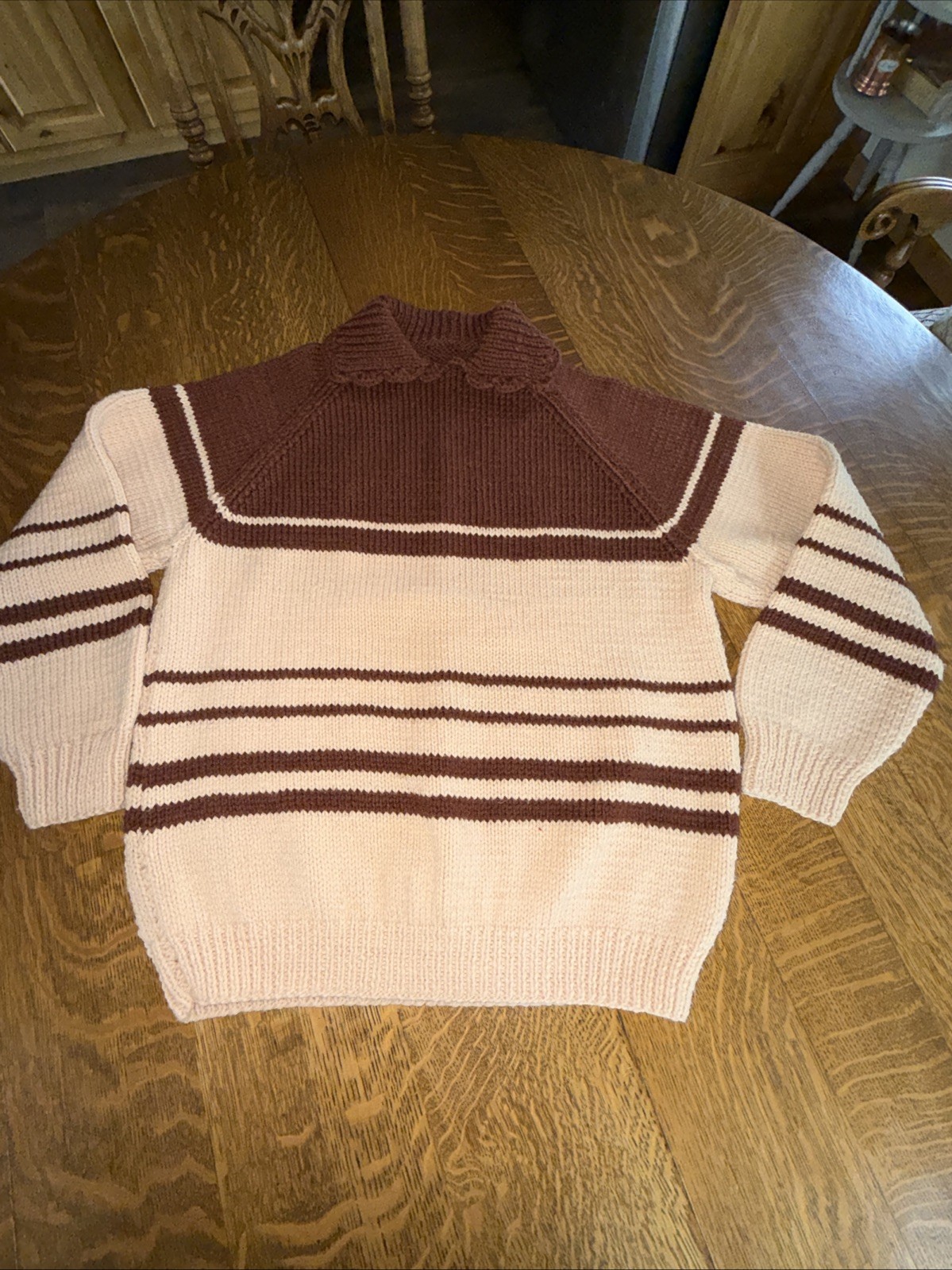 Vintage 70s Hand Knit Collared Sweater Brown Cream Striped Women’s Medium Raglan