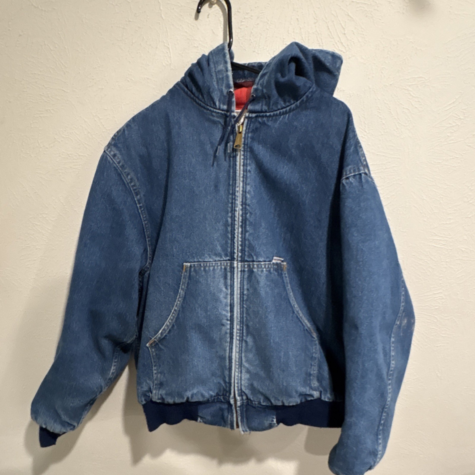 Vintage Carhartt 100 Years 1889-1989 1980s Blue Denim Hooded Jacket Plaid Lining