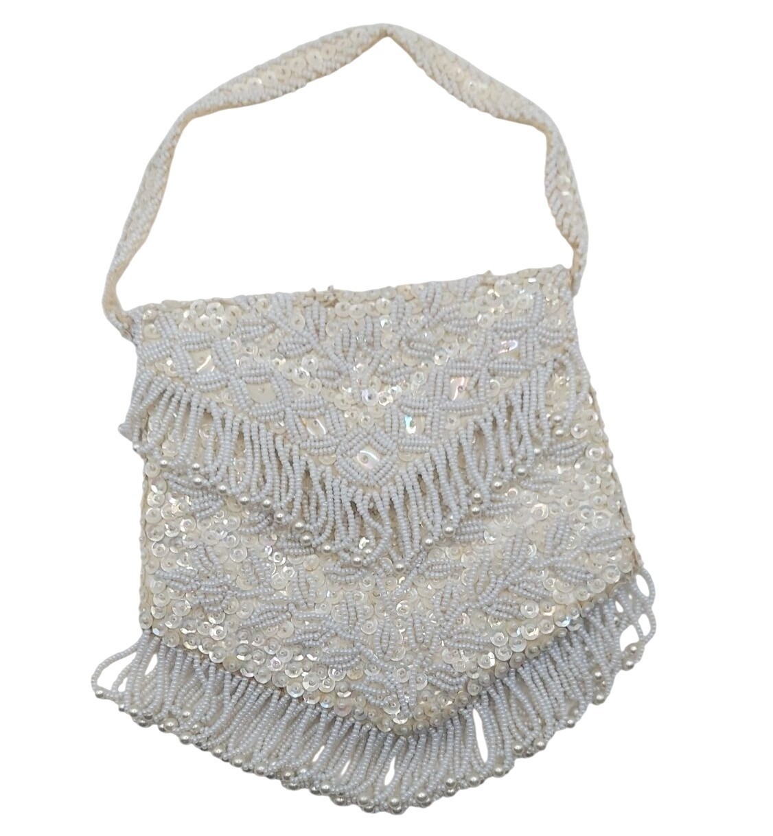 Vintage 50s Hand Beaded White Satin Purse Evening Bag Fringe & Sequins Hong Kong