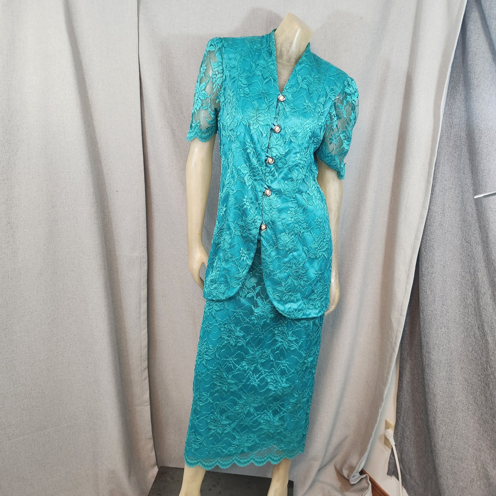 Vintage Marians Touch Aqua Floral Lace Short Sleeve 2PC Dress Set SMALL Size 4