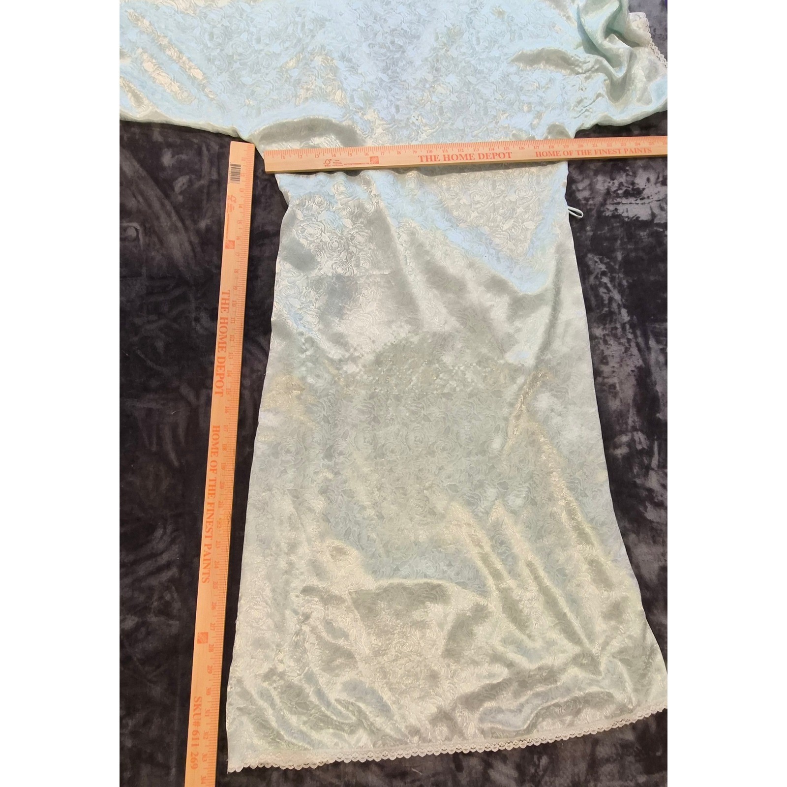Vintage Floral Satin Jacquard Wrap Robe Light Blue Lace Trim Midi Loungewear