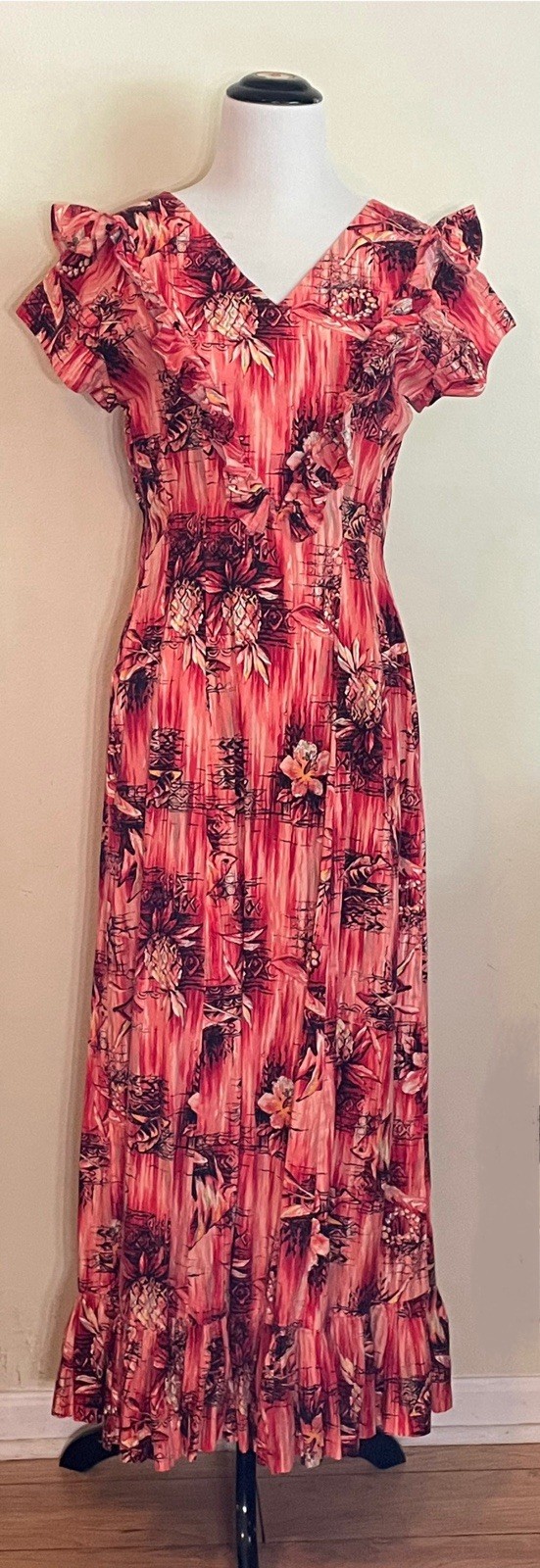 Vtg 1950s 1960s Hawaiian Red Pineapple Maxi Dress