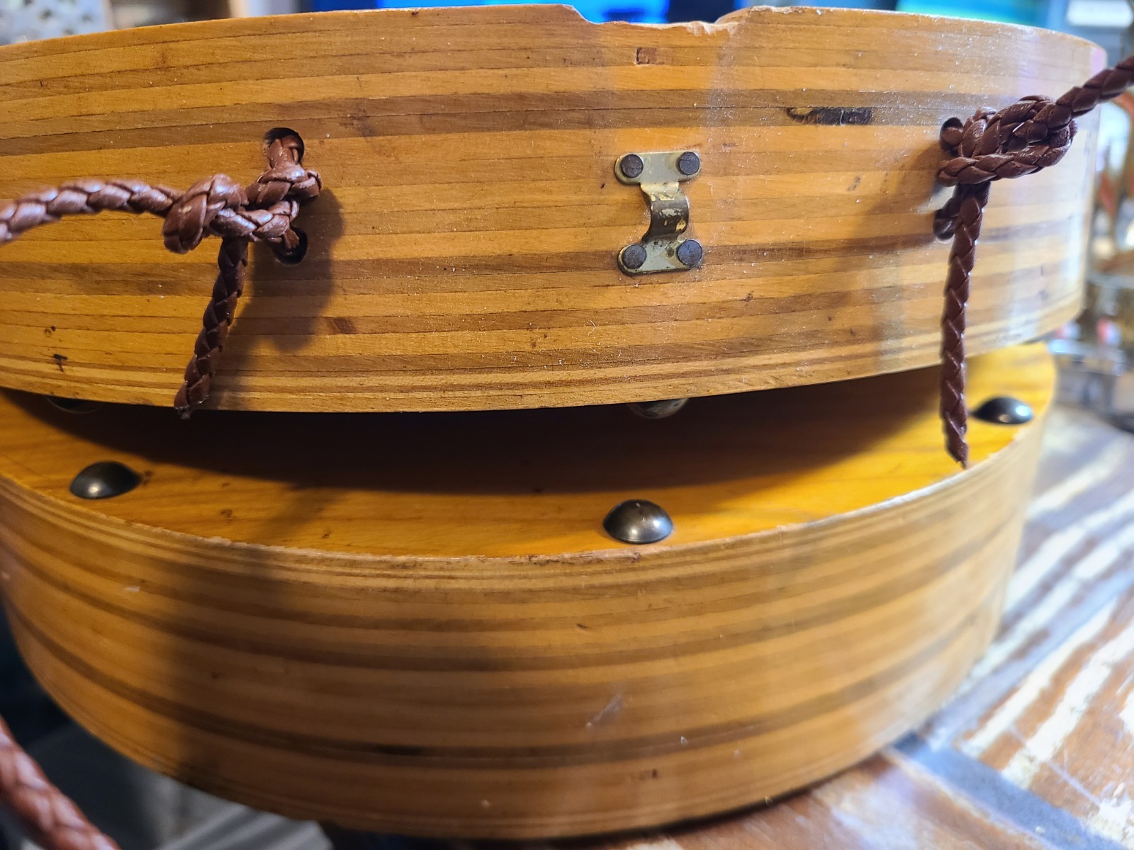Vtg Handmade Wood Brass Hinged Round Purse Handbag 11.5 X 2.5″ Unsigned