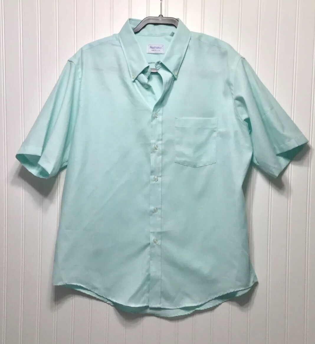 Manhattan Vtg.Button Front S/ Sleeve Dress Shirt Men’s Sz 17 USA Blue Green