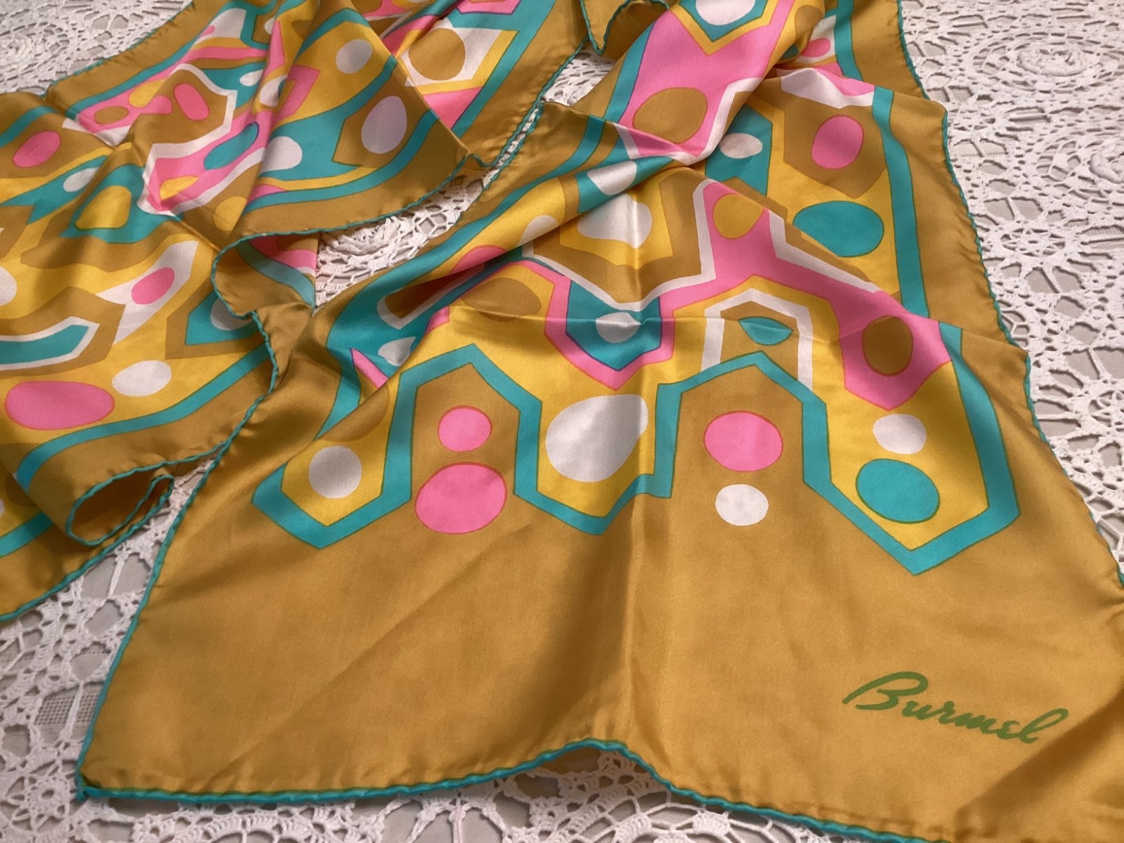 Italian BURMEL Vibrant Abstract Dots All SILK Vintag Scarf Wrap Yellow Pink Aqua
