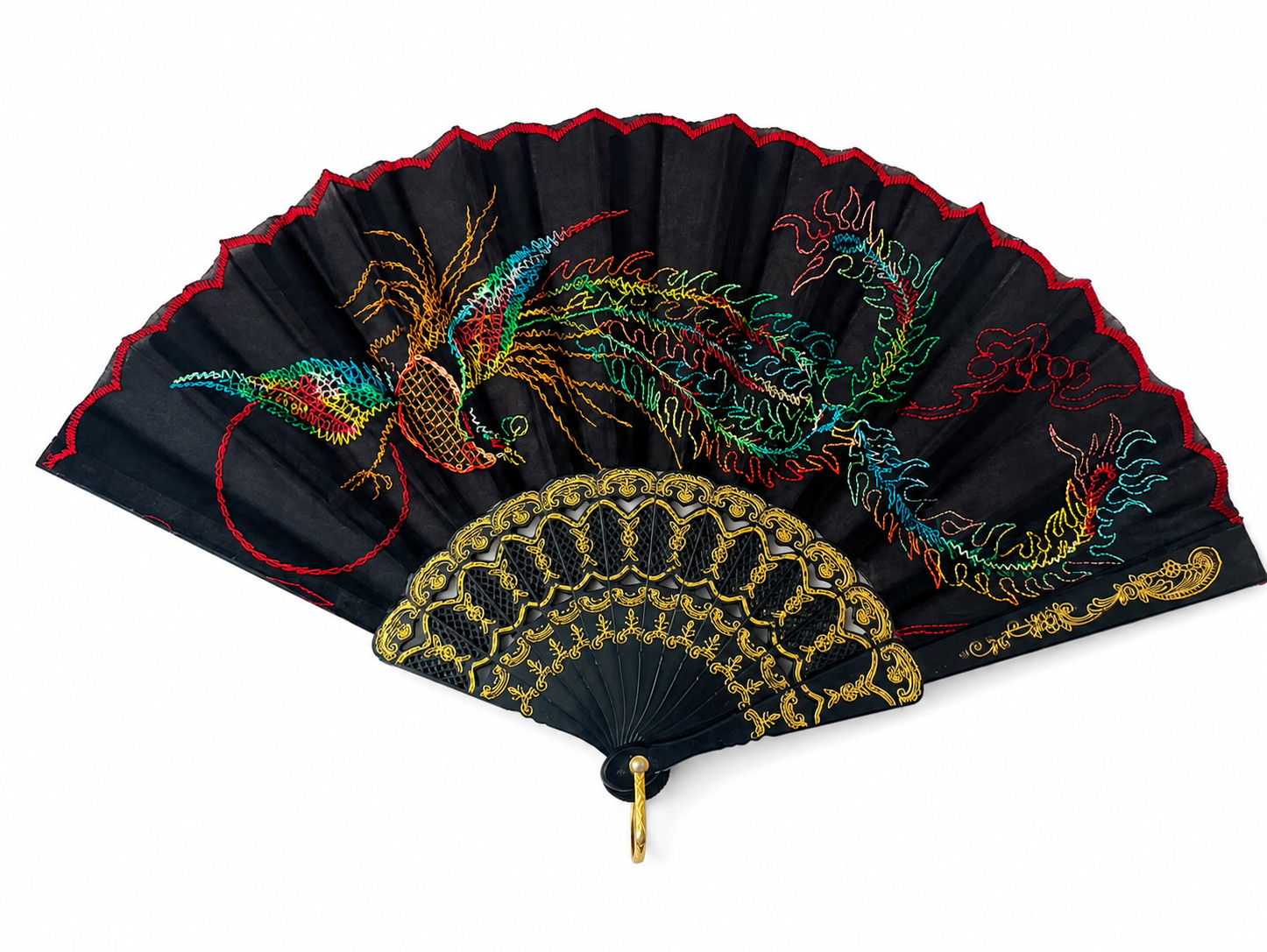 Black Slab Fabric Hand Fan with Asian Dragon Pattern Style