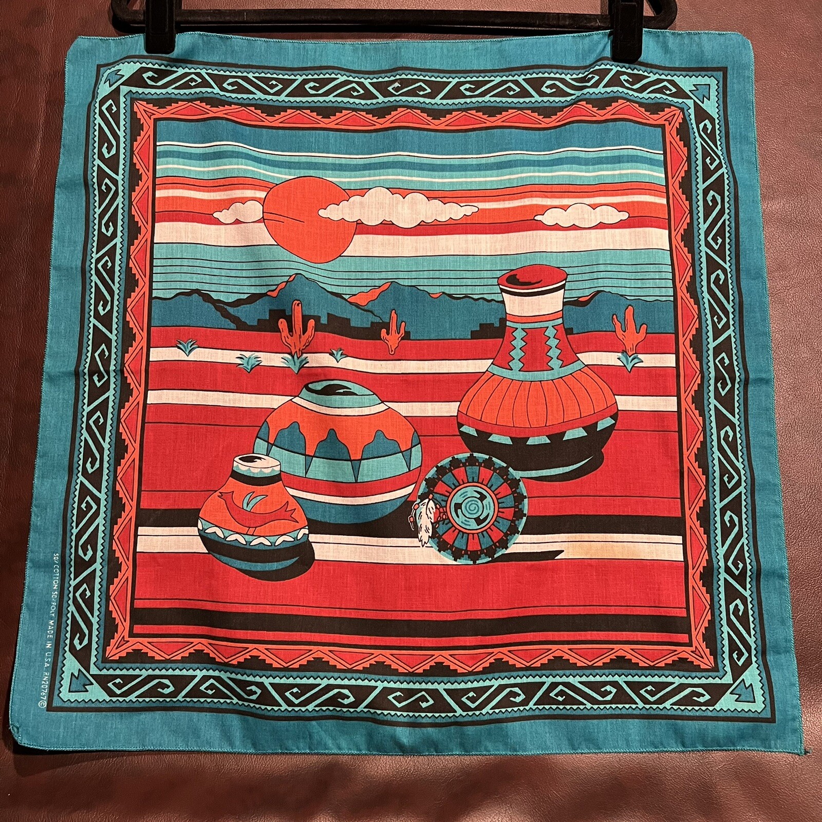 Rust Teal Vintage Aztec Style Bandana Hankerchief Made In Usa Arizona RN20767