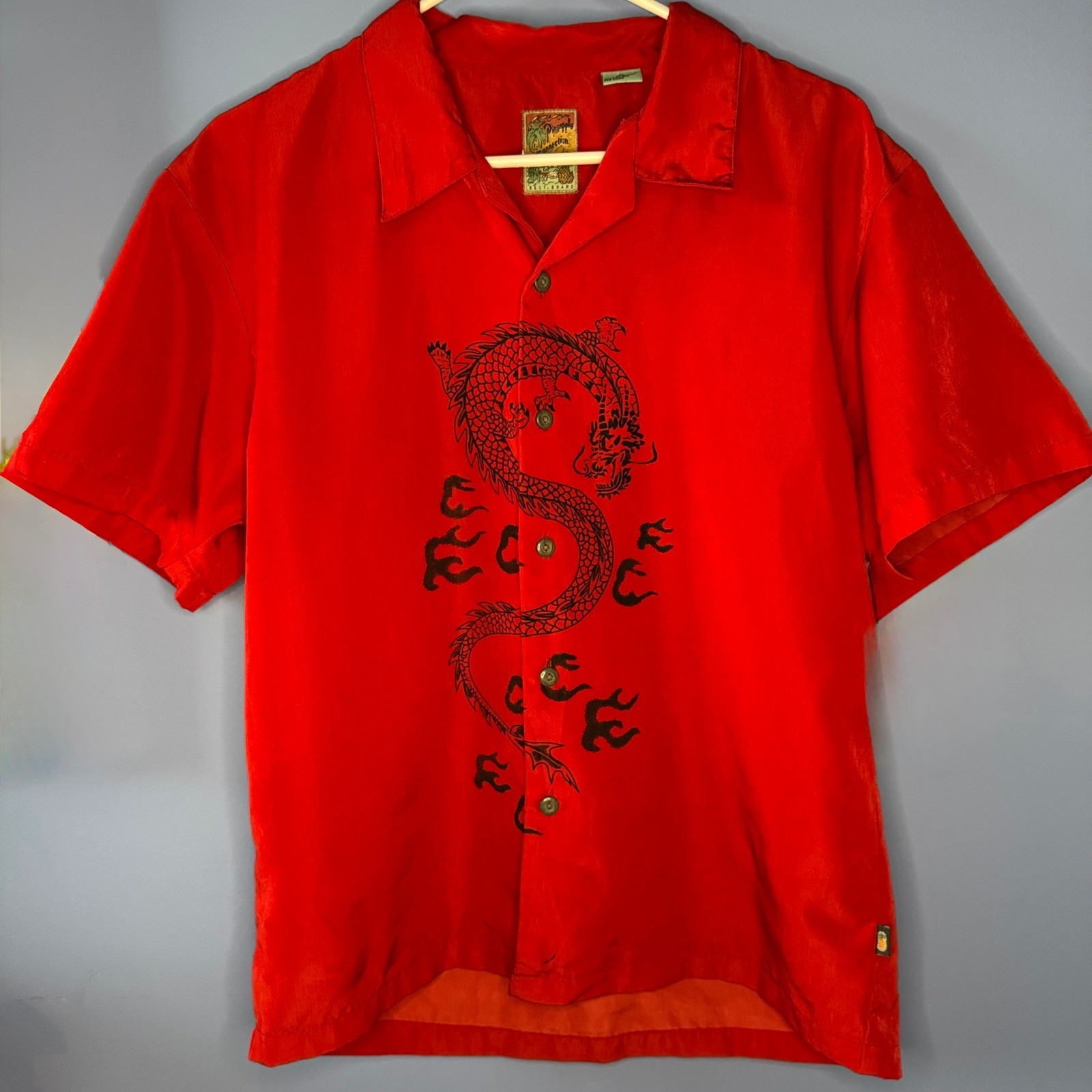 Vintage 90s Pineapple Connection Dragon Shirt Mens XL Red Short Sleeve Button Up