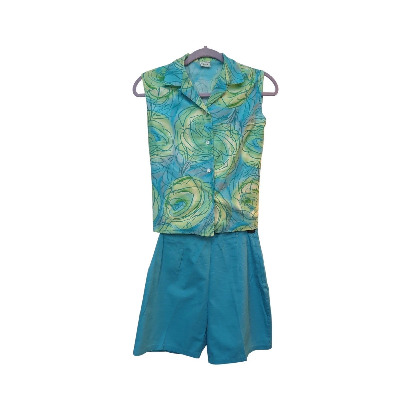 Vintage 2 Piece Aqua Cotton Shorts Set Vtg Sz12 Retro Matching Shorts Set Resort