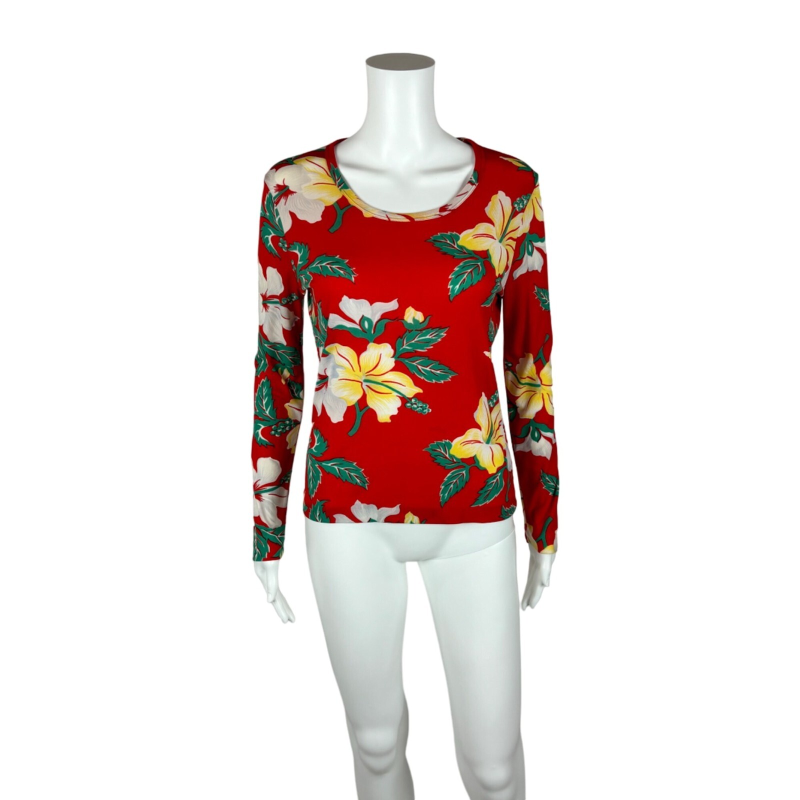 Vintage 70s Hawaiian Top Women’s Extra Small Red Hibiscus Flower Print Bronson