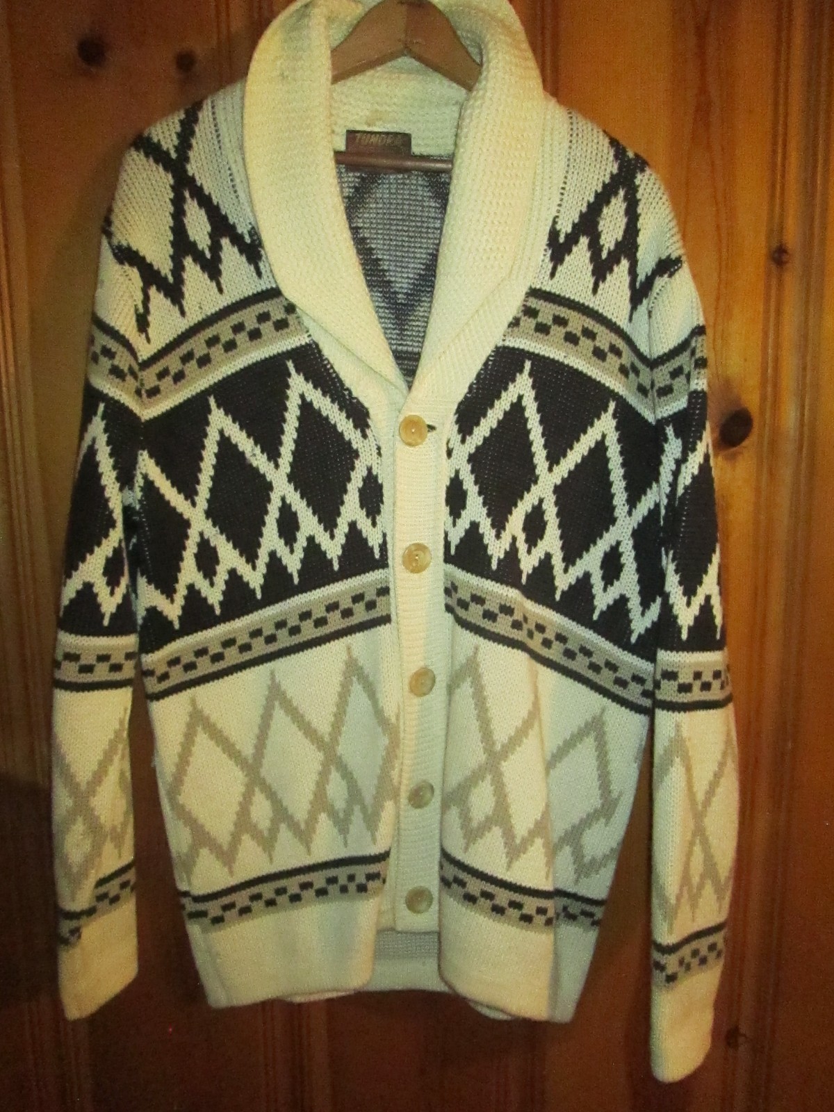 TUNDRA Vtg 70s 80s Argyle Diamond COWICHAN Shawl Collar Cardigan jacket Sweater