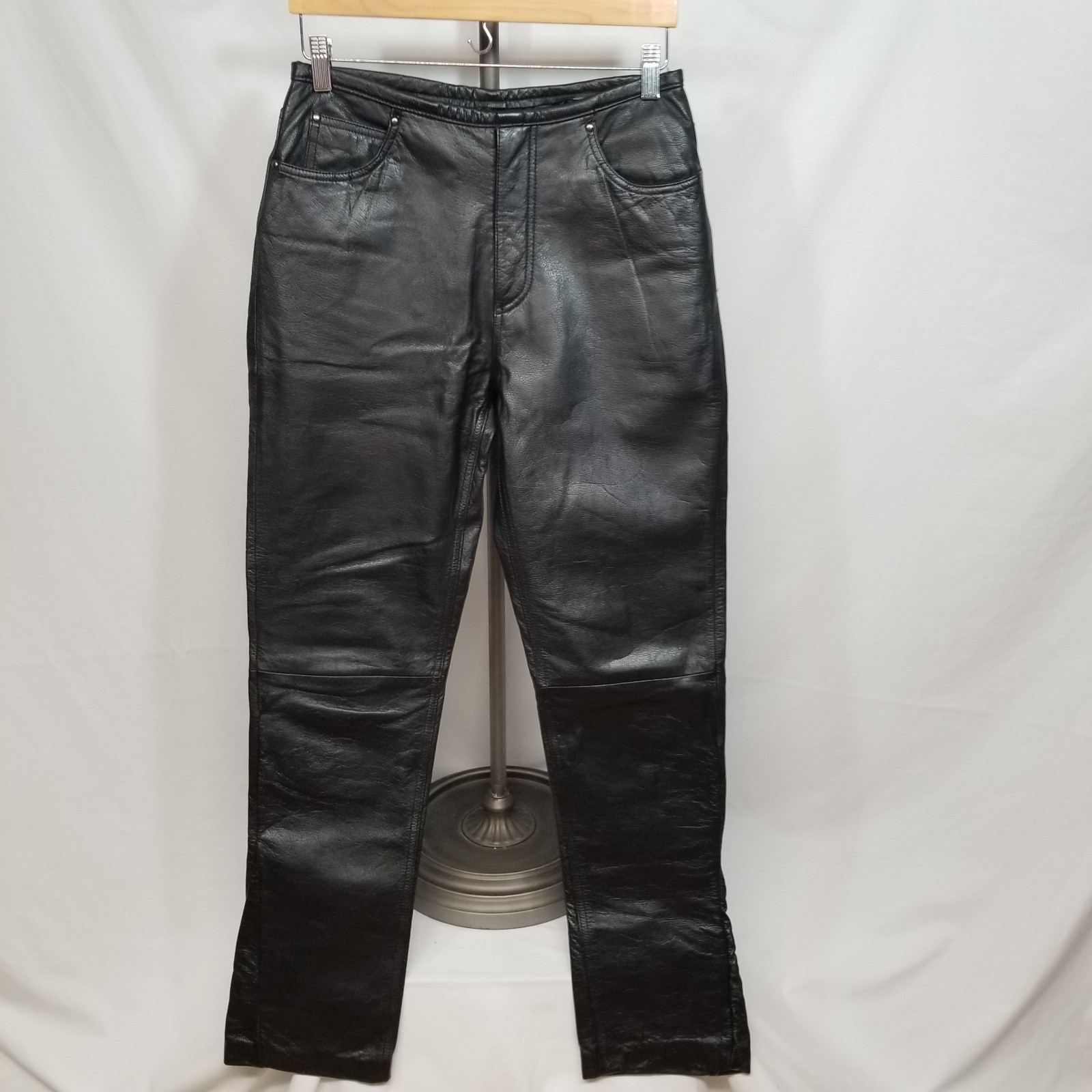Biker Glam VTG Black Genuine Leather Women’s 5 Pocket Boot Cut Pants Size 28?