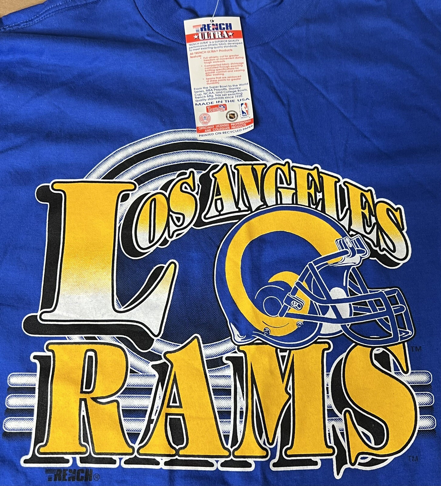 Vintage Los Angeles Rams Trench Ultra Single Stitch T Shirt Size XL Blue NOS NWT