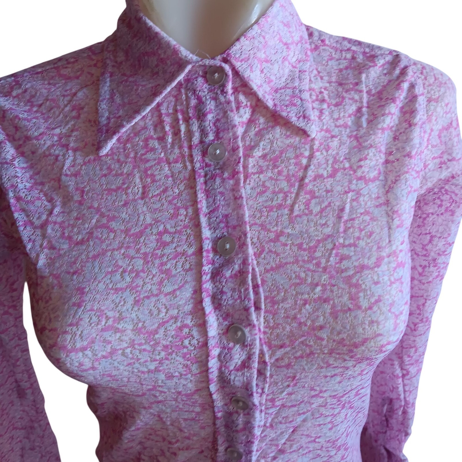 Mod Bodysuit True Vintage Small Top 1960’s Pink Long Sleeve Lace Sheer Blouse