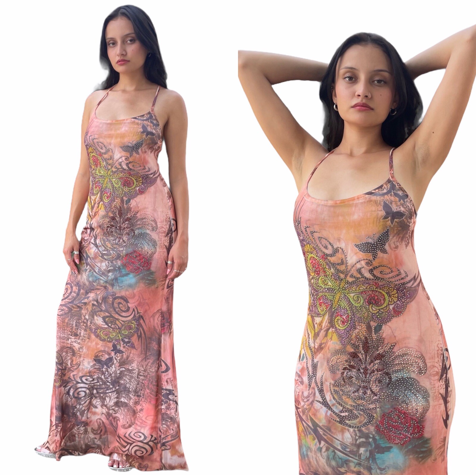Vintage Y2K 00s Nude Mesh Tribal Print Rhinestone Butterfly Spaghetti Dress