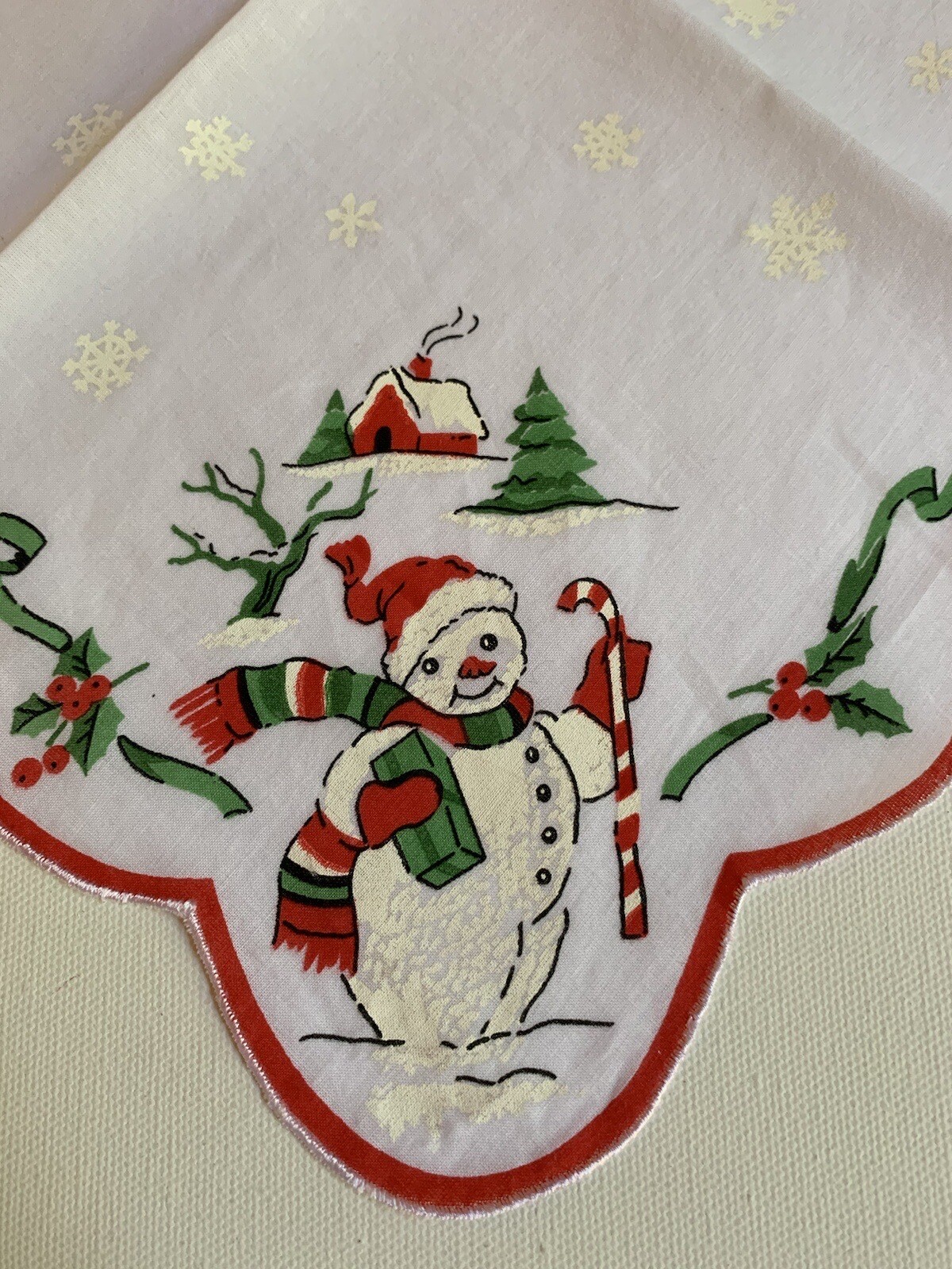 Darling New CHRISTMAS LuRay Handkerchief Hankie! Frosty SNOWMAN ~ Scalloped Hem!
