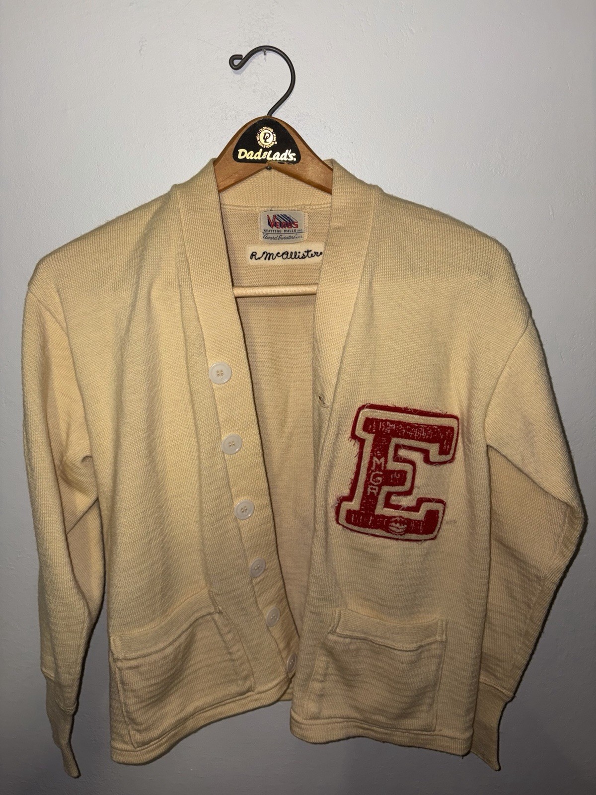 Vintage Venus Varsity Letterman Cardigan Sweater Chenille E Ivory Wool USA