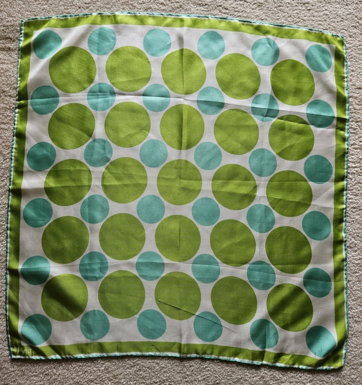 Vintage Vera Neumann Square SILK Green TURQUOISE Blue Polka Dot Scarf Geometric