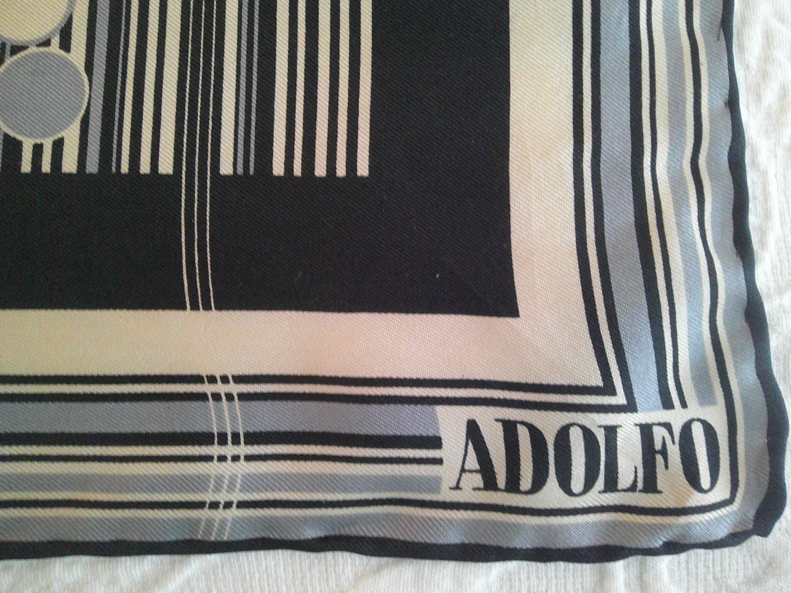 Vintage Designer Adolfo 22″ square Silk Scarf Black/Gray/Tan