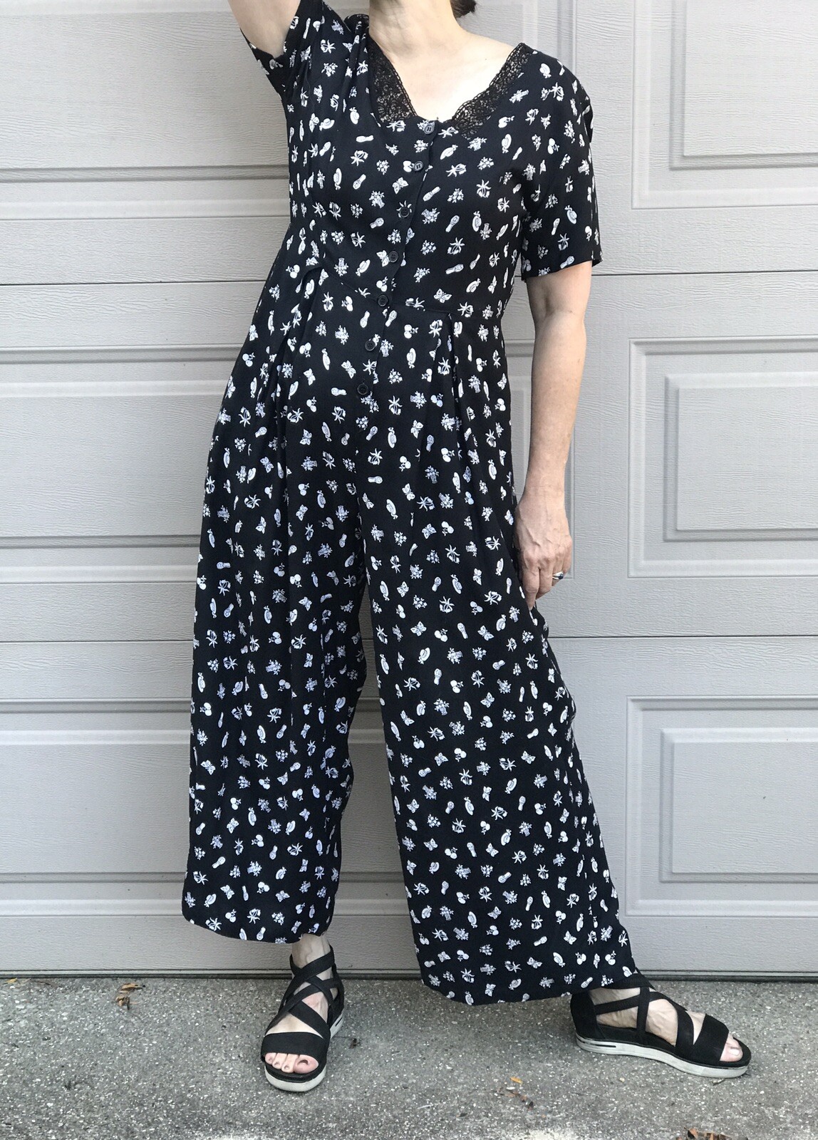 Vintage Starina ‘90s Palazzo Jumpsuit Romper Boho Black & White Print Size S