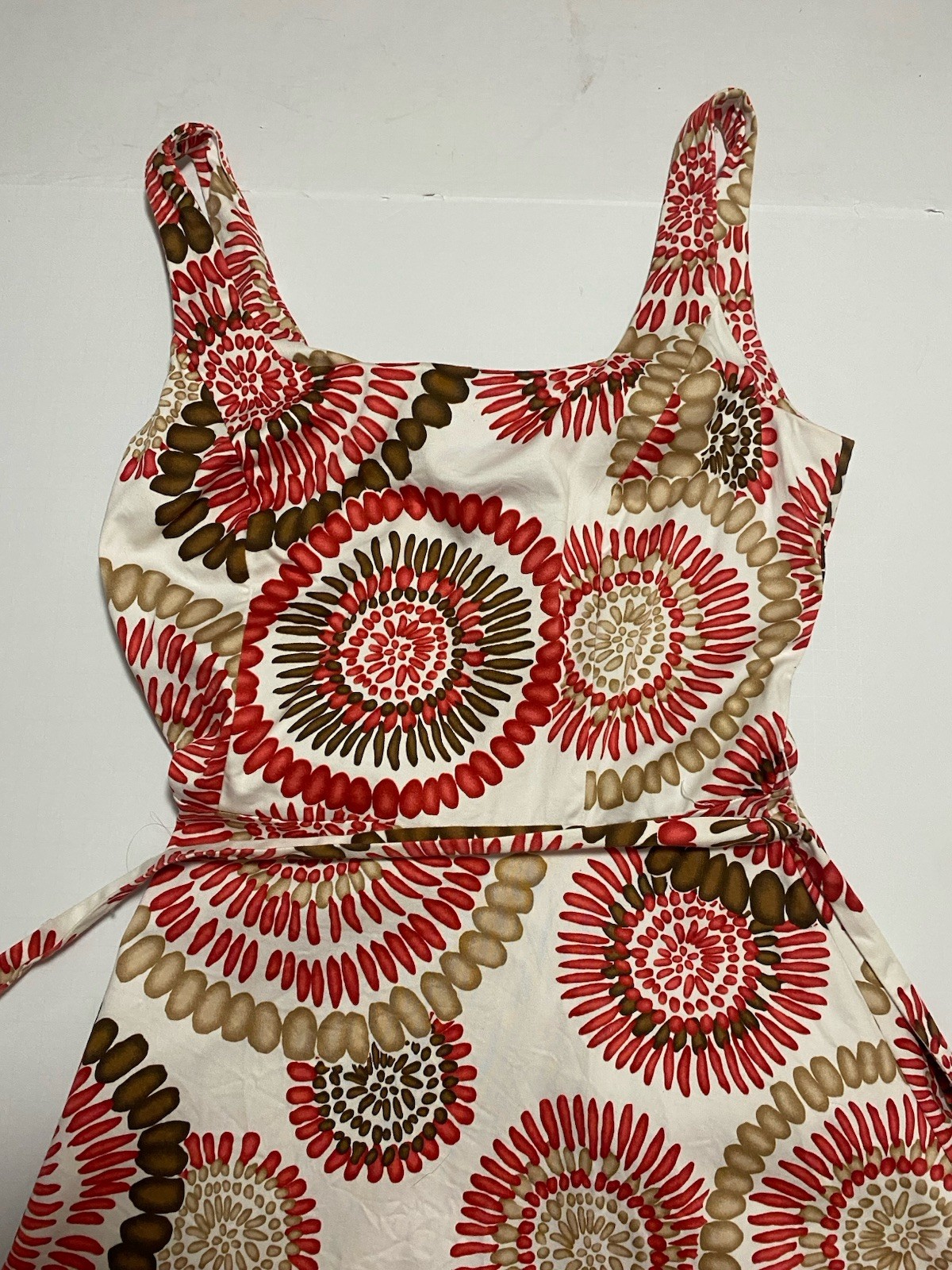 Retro Sunburst Circle Dress Red Brown White Fit Flare Belt Midi Sz8 CITI