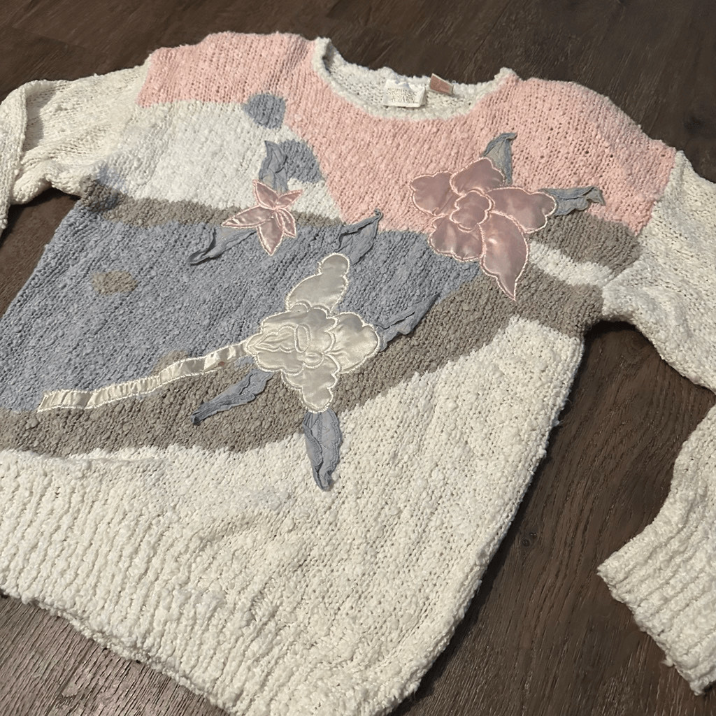 Vintage 80s Needles and Yarn Sweater Grandma Pastel Floral Applique Knit Size S